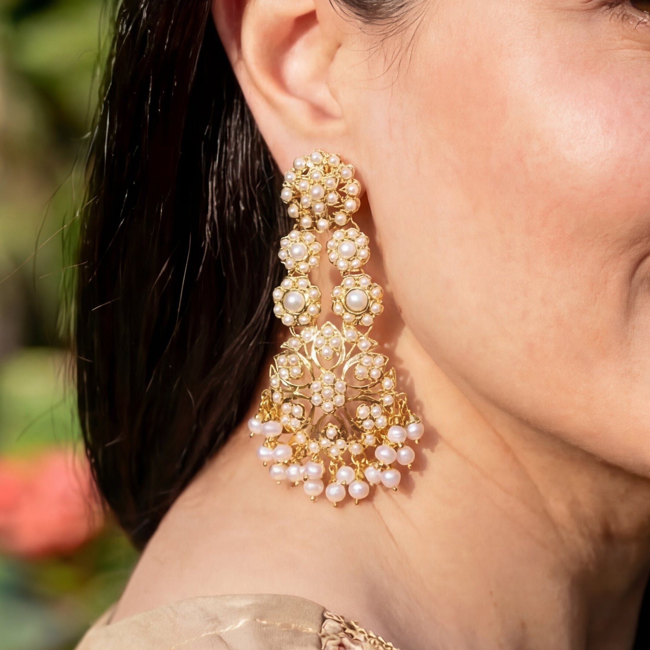 Multi-Tier Jadau Earrings | Real Freshwater Pearls on 925 Silver ER 643