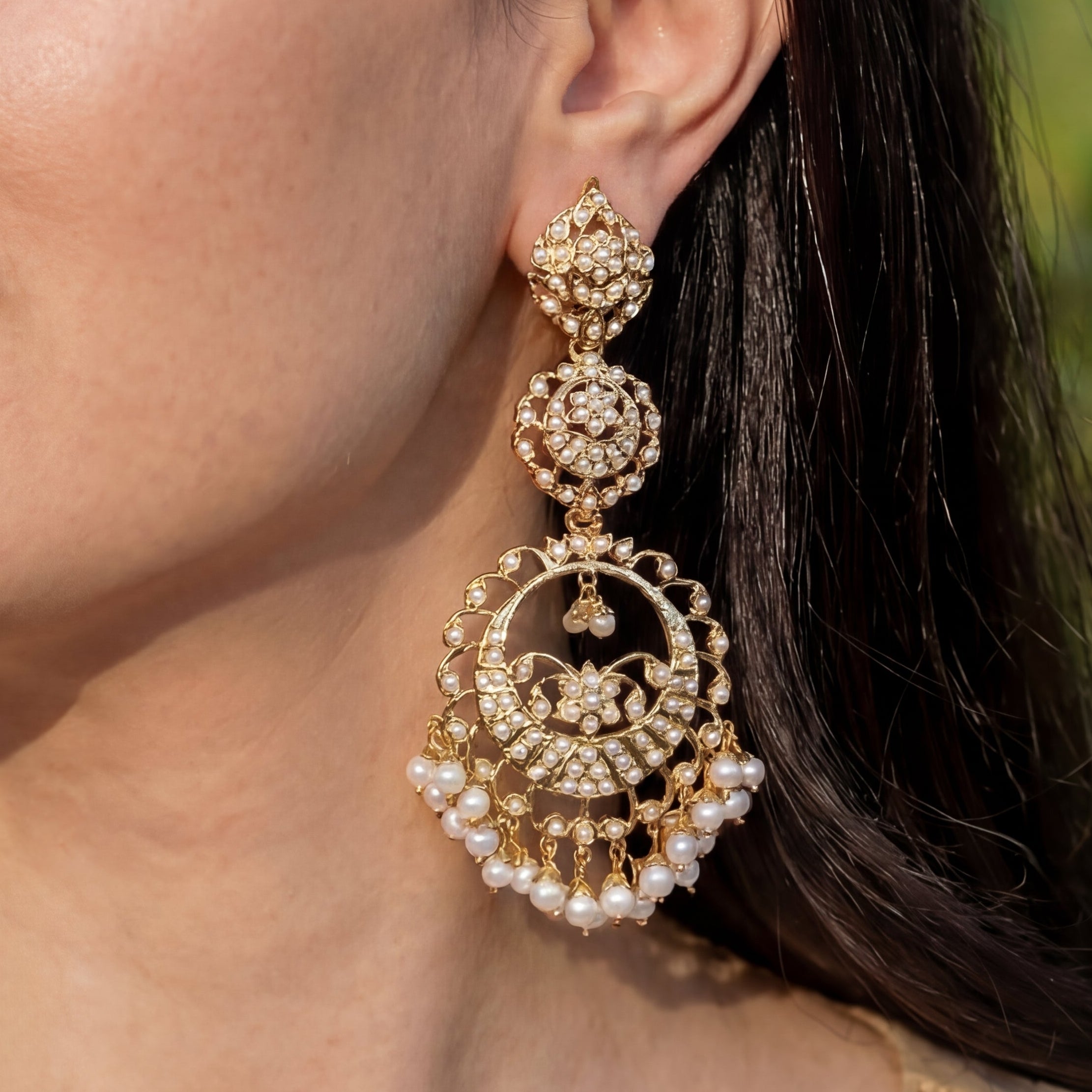 Statement Pearl Chandbali Earrings | Real Pearls | Gold Plated on Silver ER 648