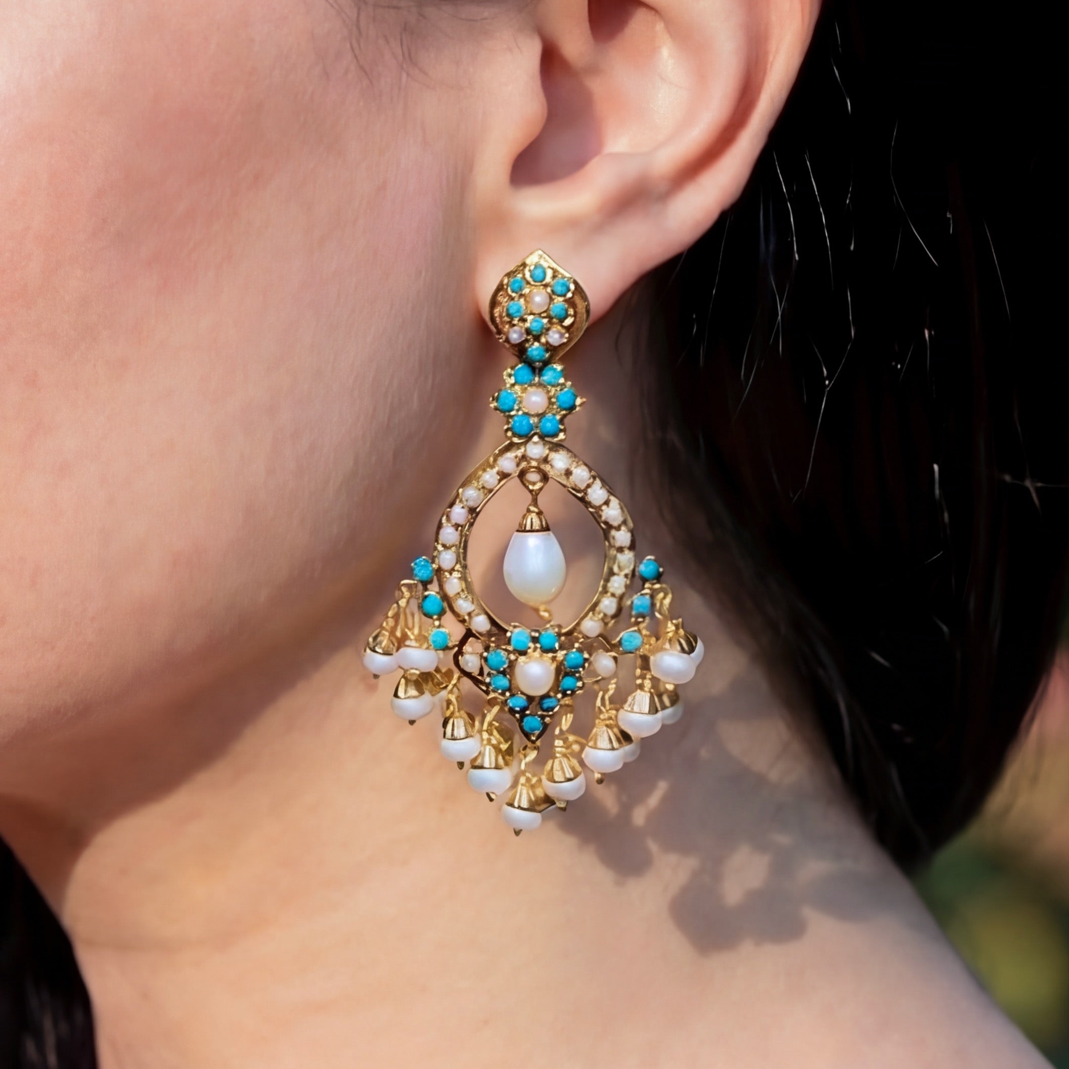 Elegant Pearl and Turquoise Danglers | Gold Plated on 925 Silver ER 646
