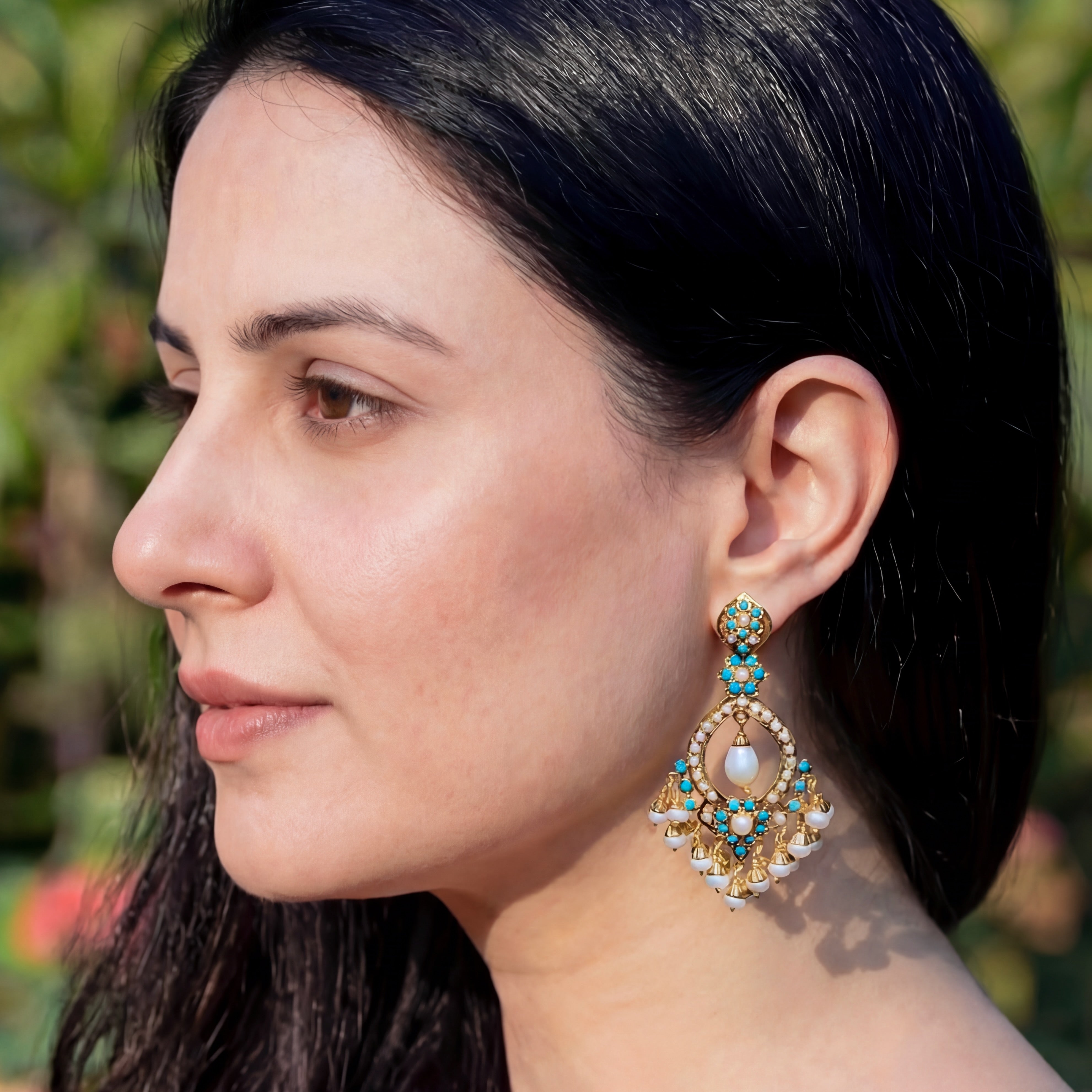 Elegant Pearl and Turquoise Danglers | Gold Plated on 925 Silver ER 646