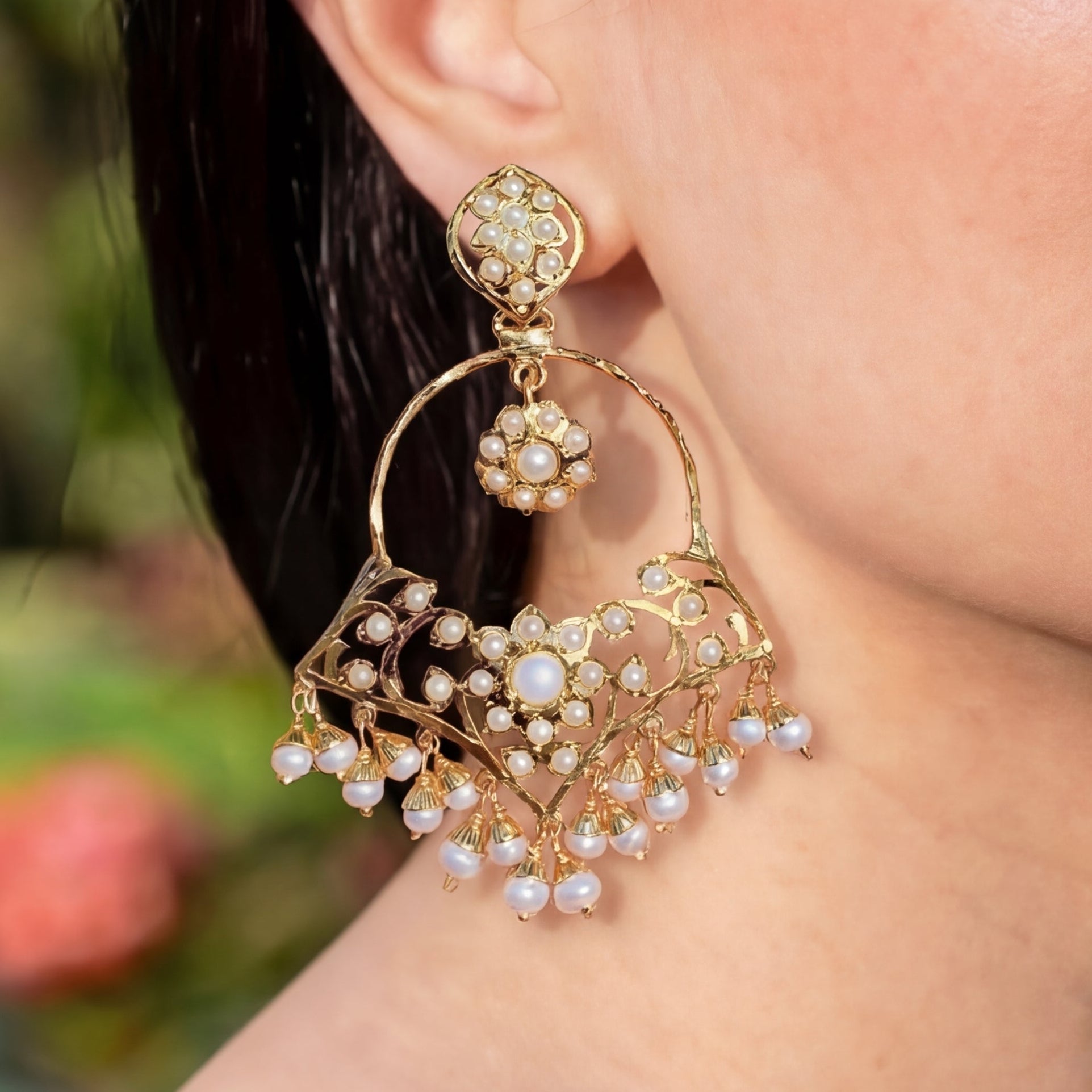 Jadau Earrings on 925 Silver | Gold Plated | Real Freshwater Pearls ER 647