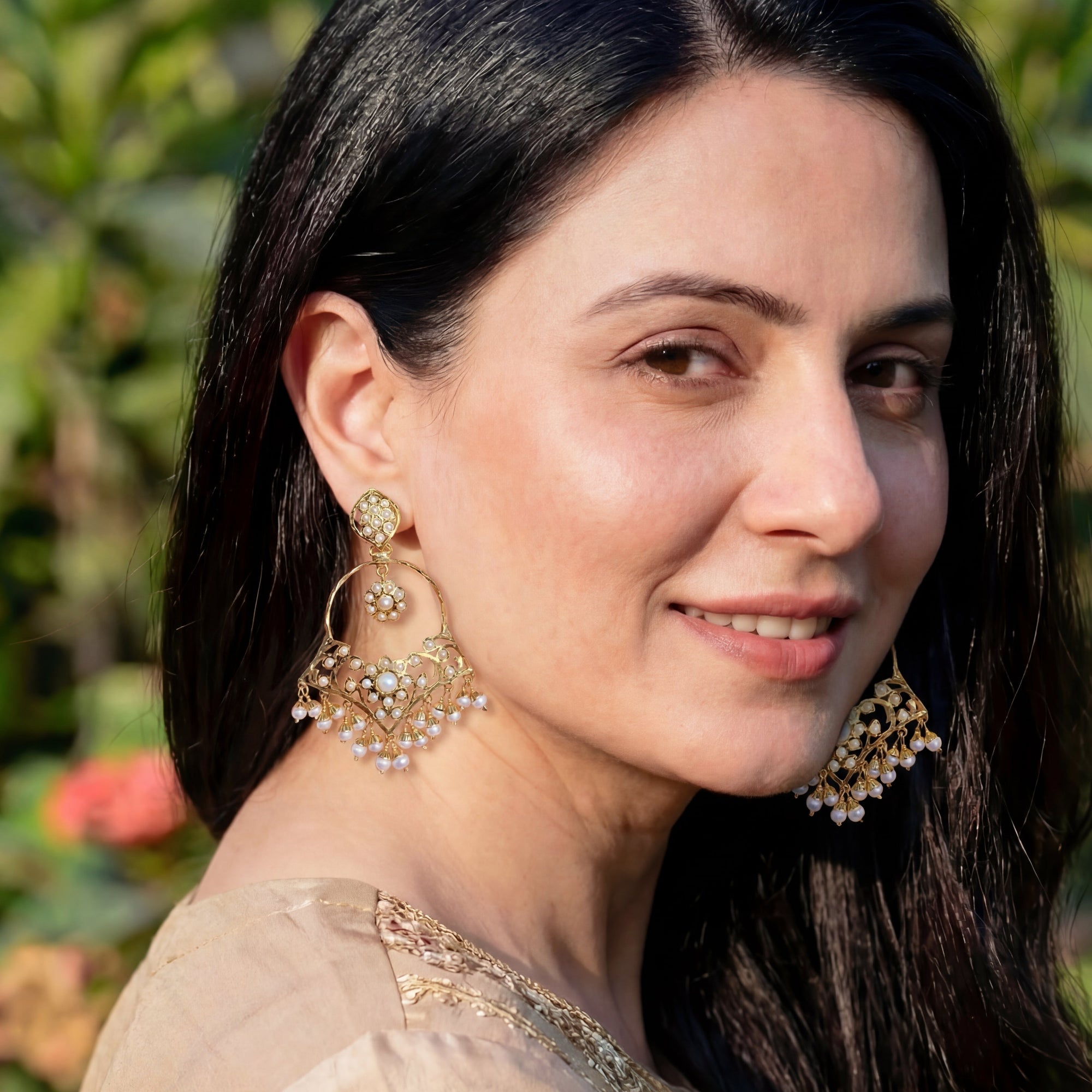 Jadau Earrings on 925 Silver | Gold Plated | Real Freshwater Pearls ER 647