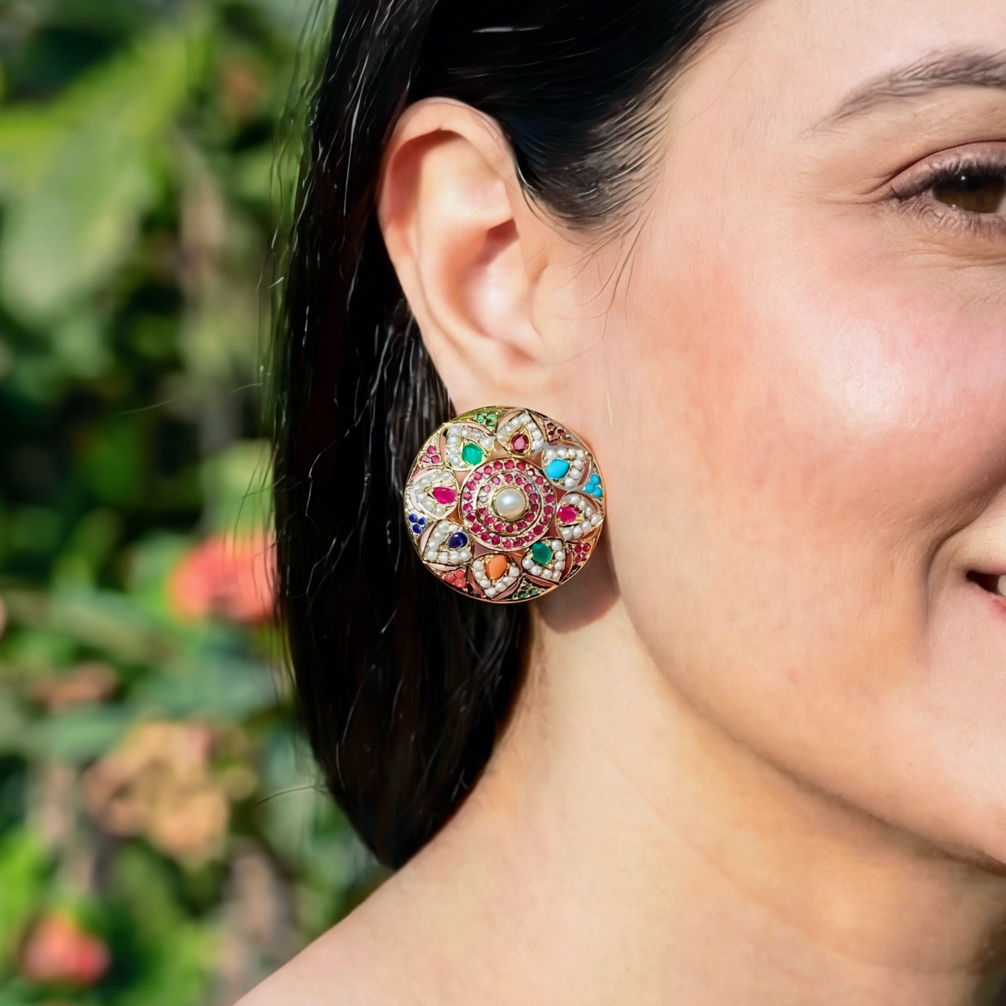 Statement Navratna Stud Earrings | Gold Plated on 925 Silver ER 650