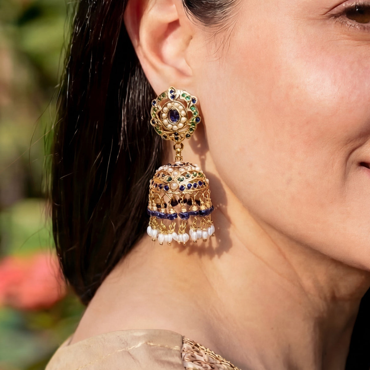 Fancy Jadau Jhumka Earrings | Royal Blue and Green Color Combination | Gold Plated on Silver ER 649