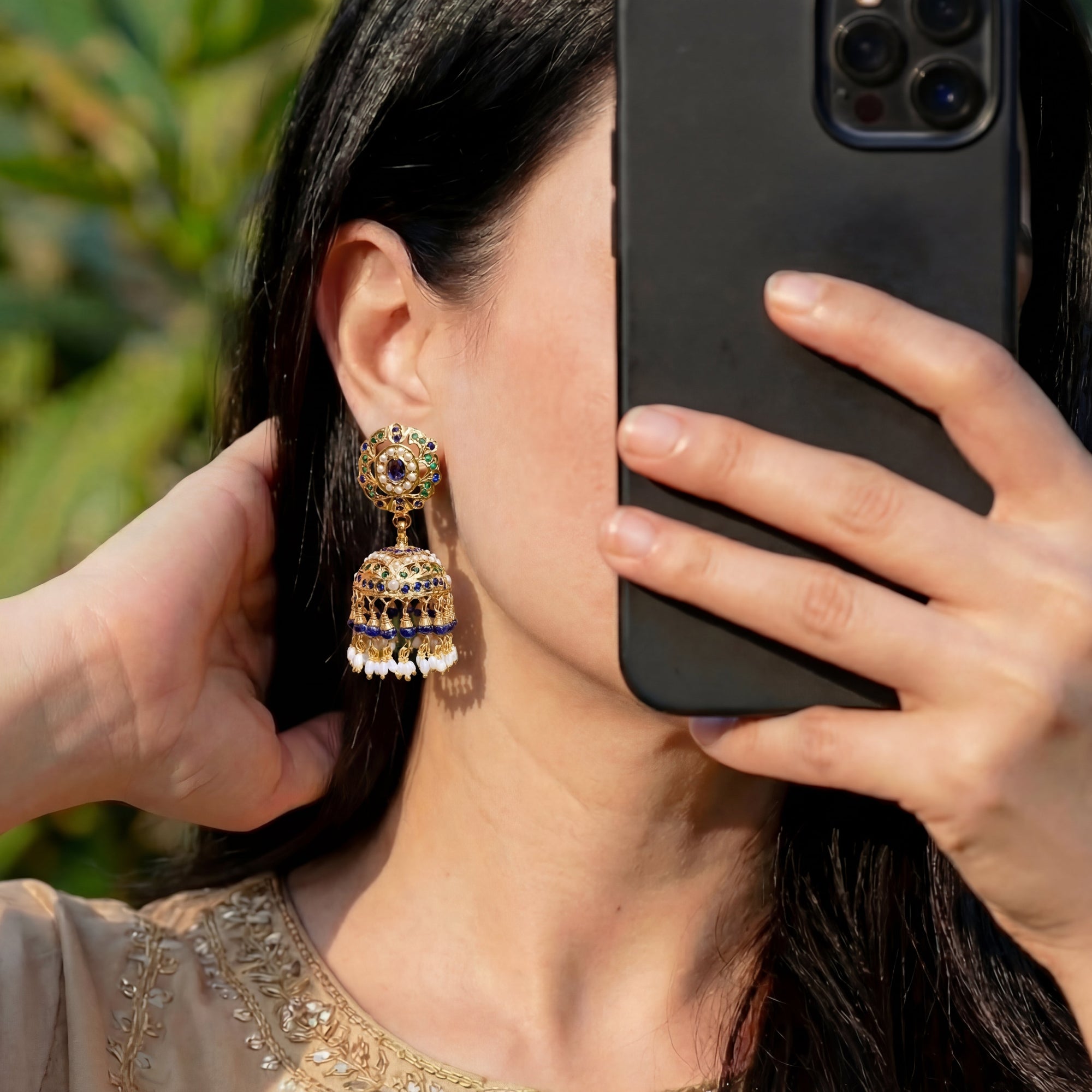 Fancy Jadau Jhumka Earrings | Royal Blue and Green Color Combination | Gold Plated on Silver ER 649