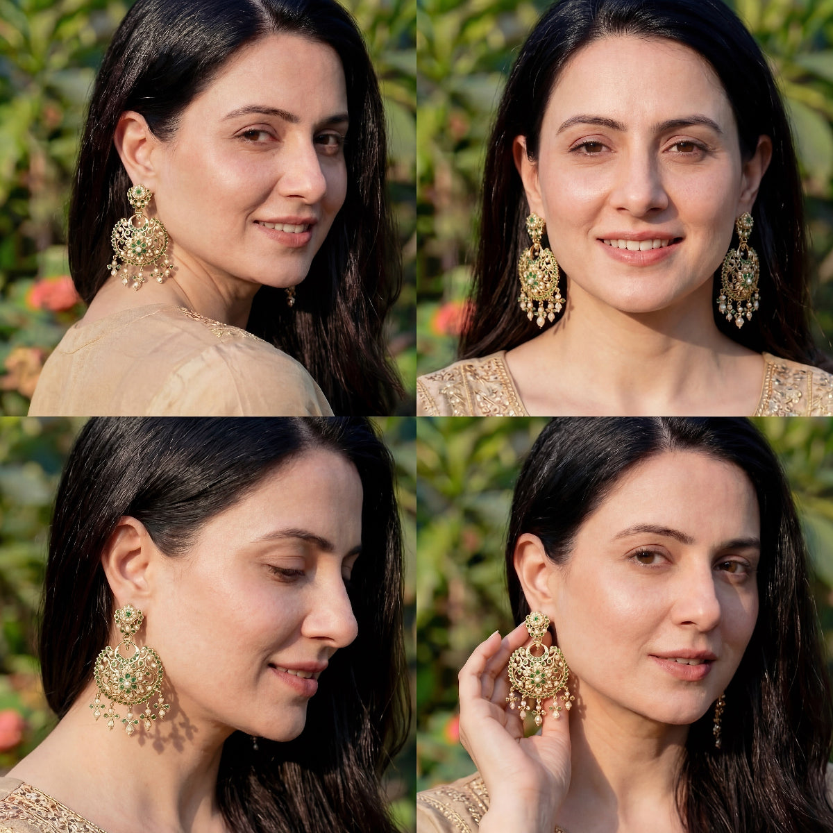 Antique Style Chandbali Earrings | Emerald Green Stones & Pearls | Real Gold Looks ER 664