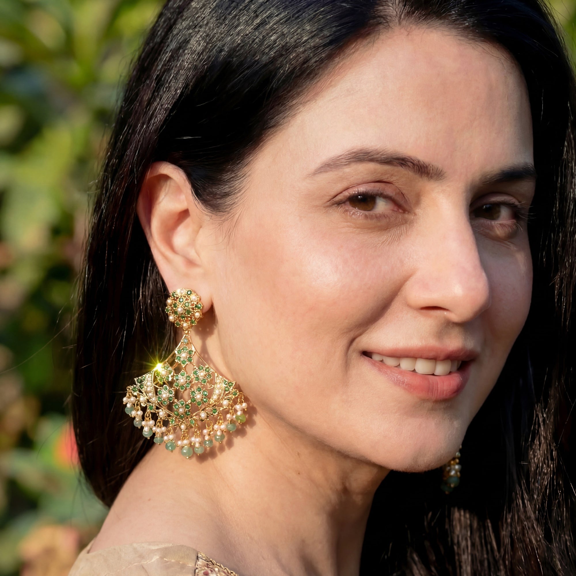 Anchor Shaped Jadau Earrings | Gold Plated on Silver | Emerald Earrings ER 658