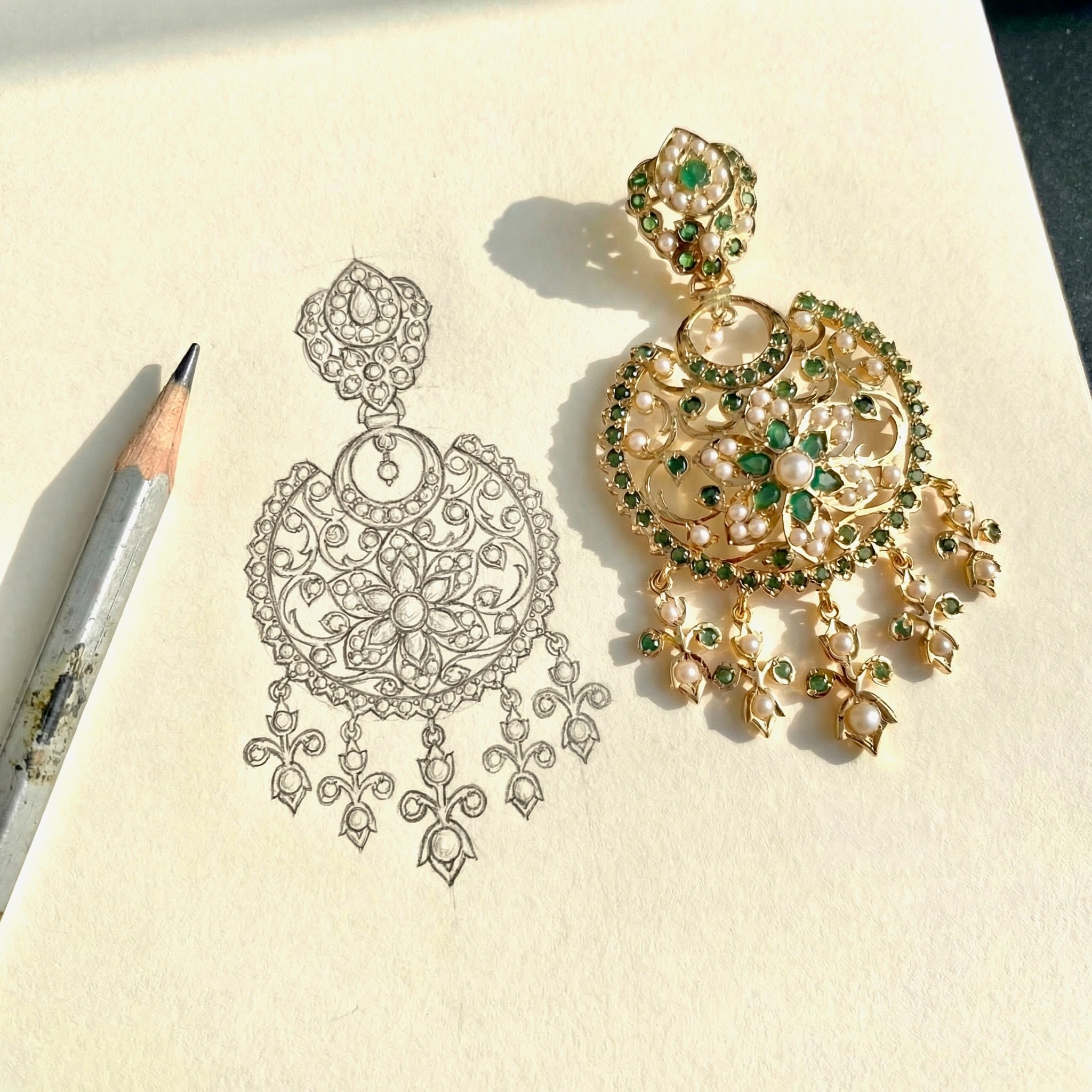 Antique Style Chandbali Earrings | Emerald Green Stones & Pearls | Real Gold Looks ER 664