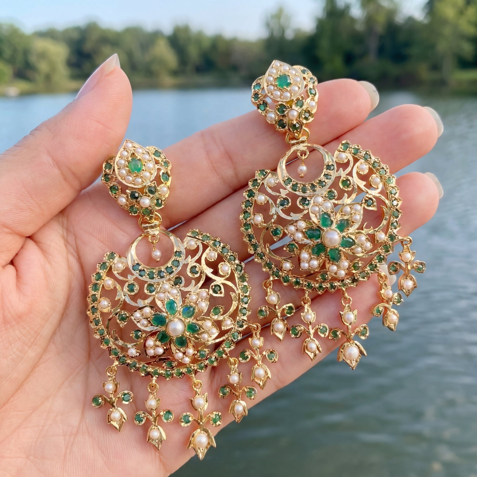 Antique Style Chandbali Earrings | Emerald Green Stones & Pearls | Real Gold Looks ER 664