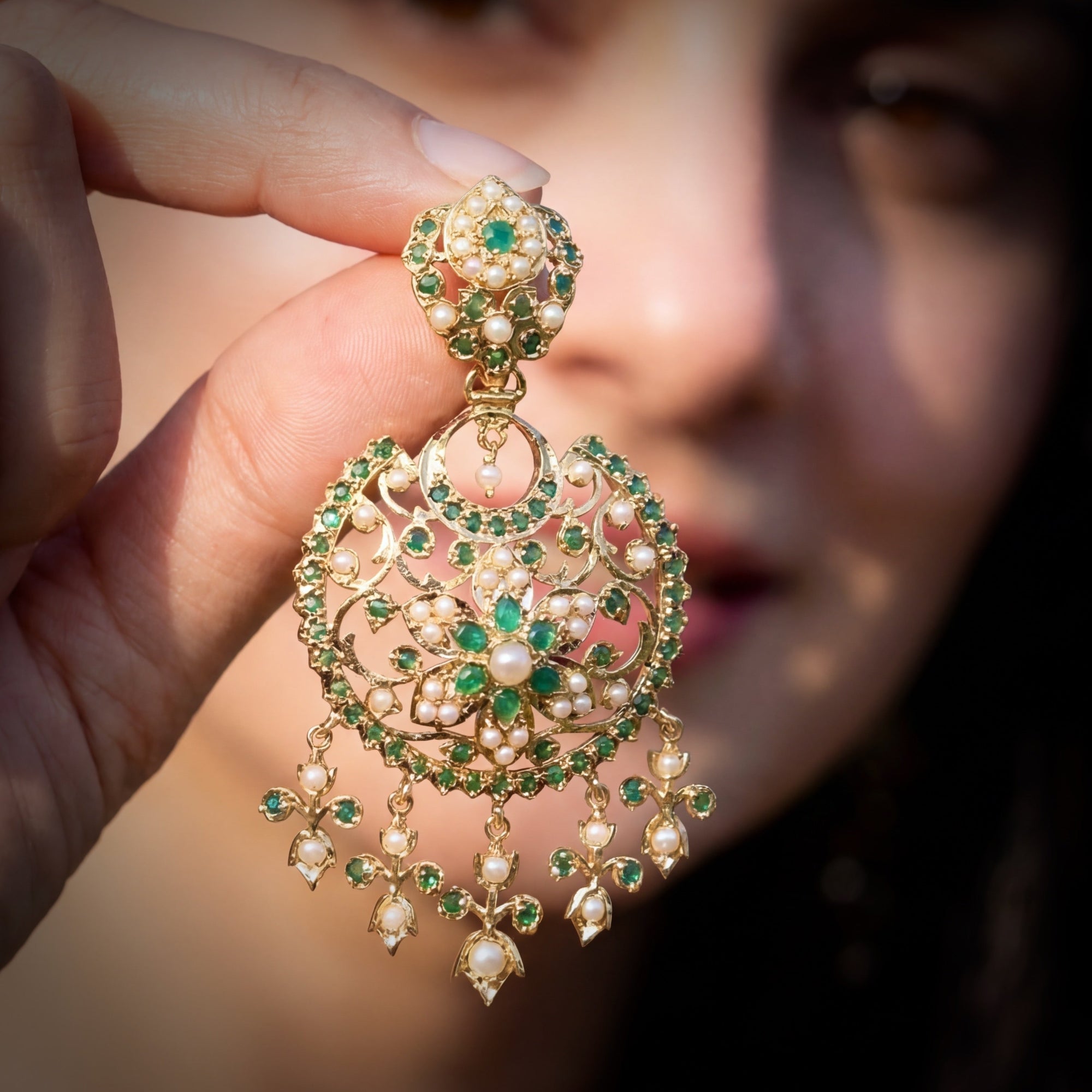 Antique Style Chandbali Earrings | Emerald Green Stones & Pearls | Real Gold Looks ER 664
