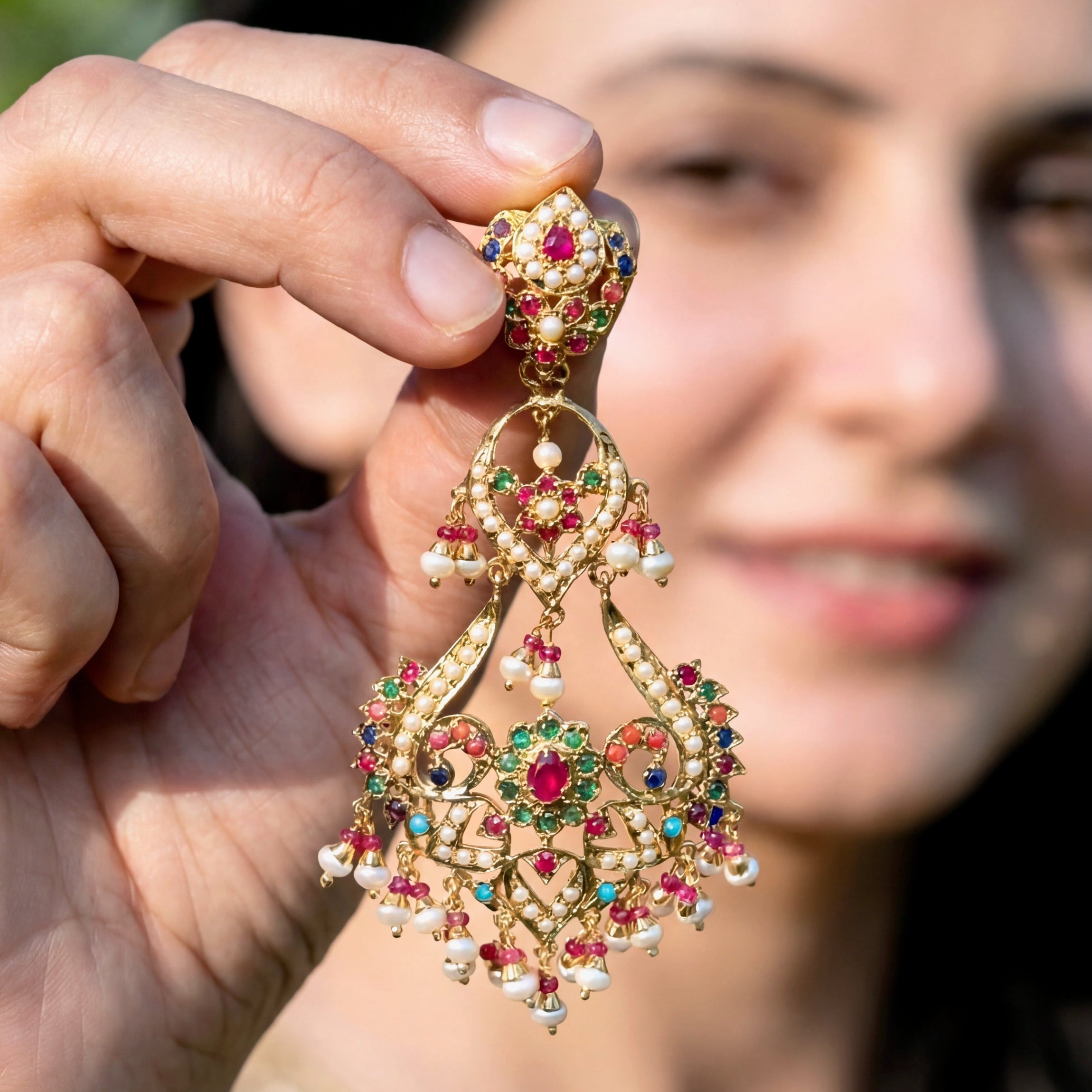 Classic Punjabi Jadau Earrings | Navratna Colors | Gold Plated on Silver ER 667