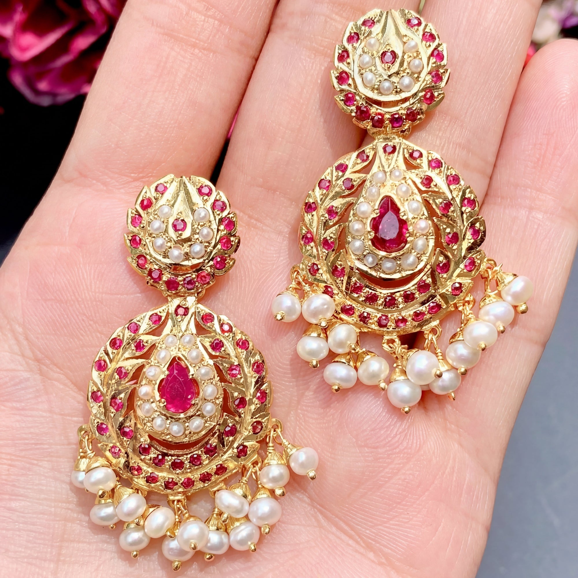 Gold Plated Ruby and Pearl Earrings in Silver ER 190