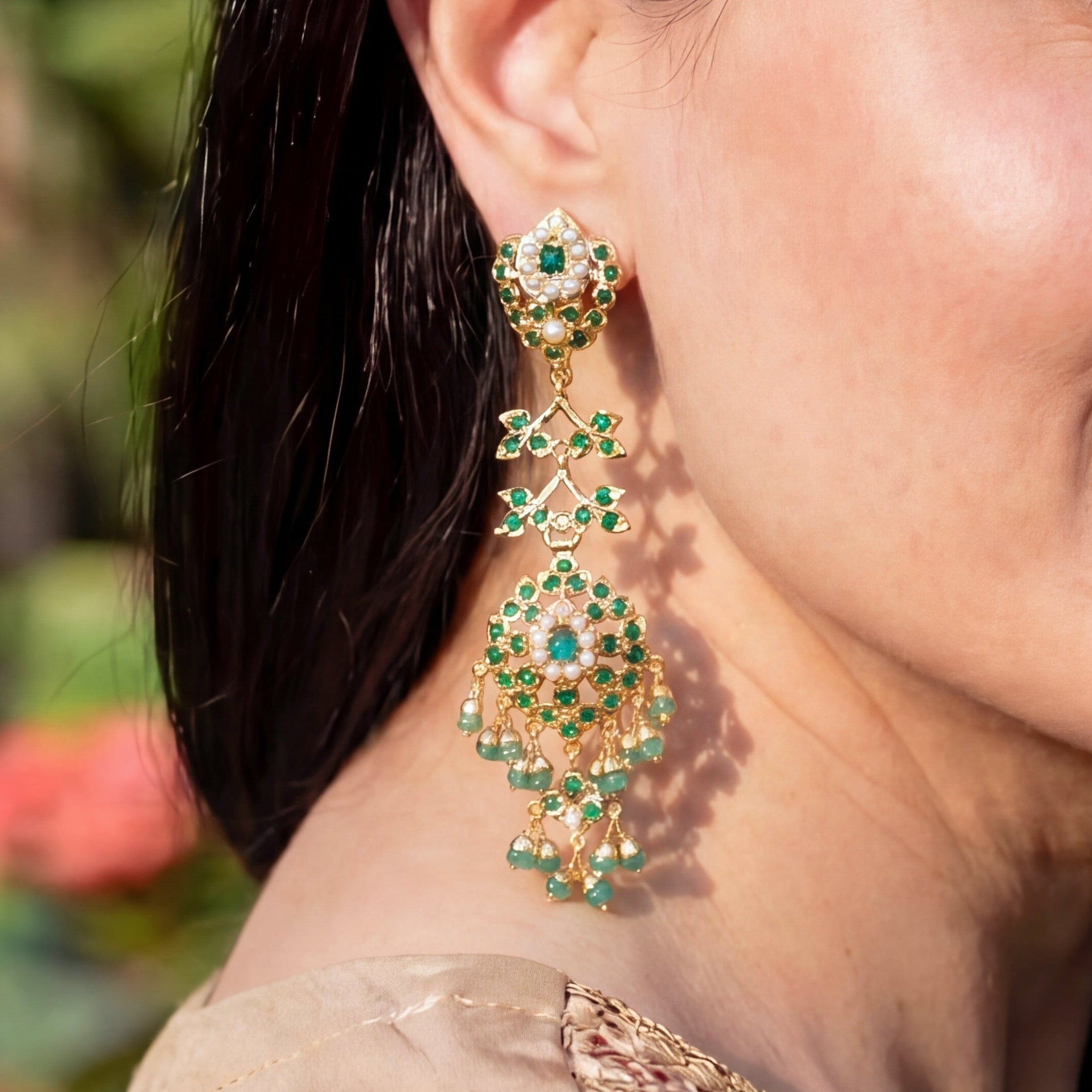 Elegant Gold Plated Silver Earrings | Emerald Green Color | Premium Jadau Jewelry ER 675