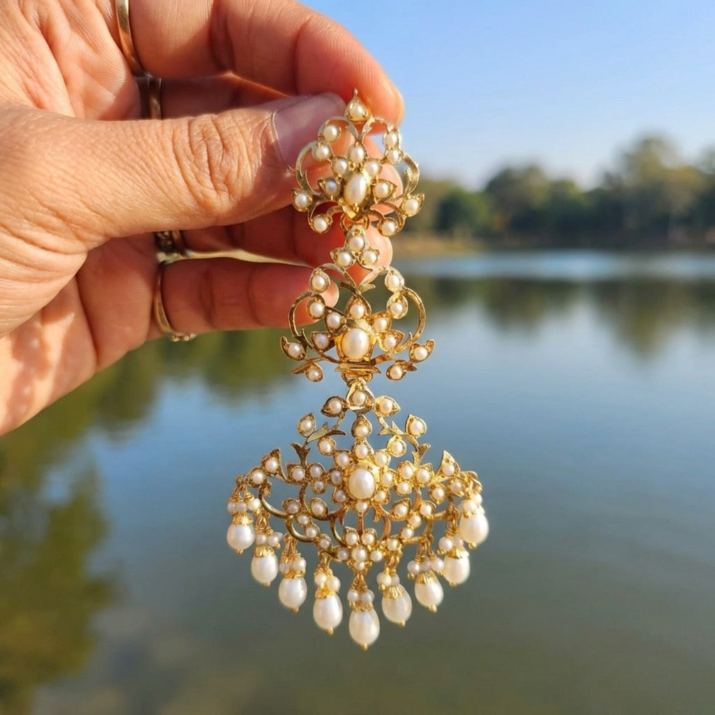 Pearl Danglers on Sterling Silver Base | Real Gold like Craftsmanship on 925 Silver ER 674