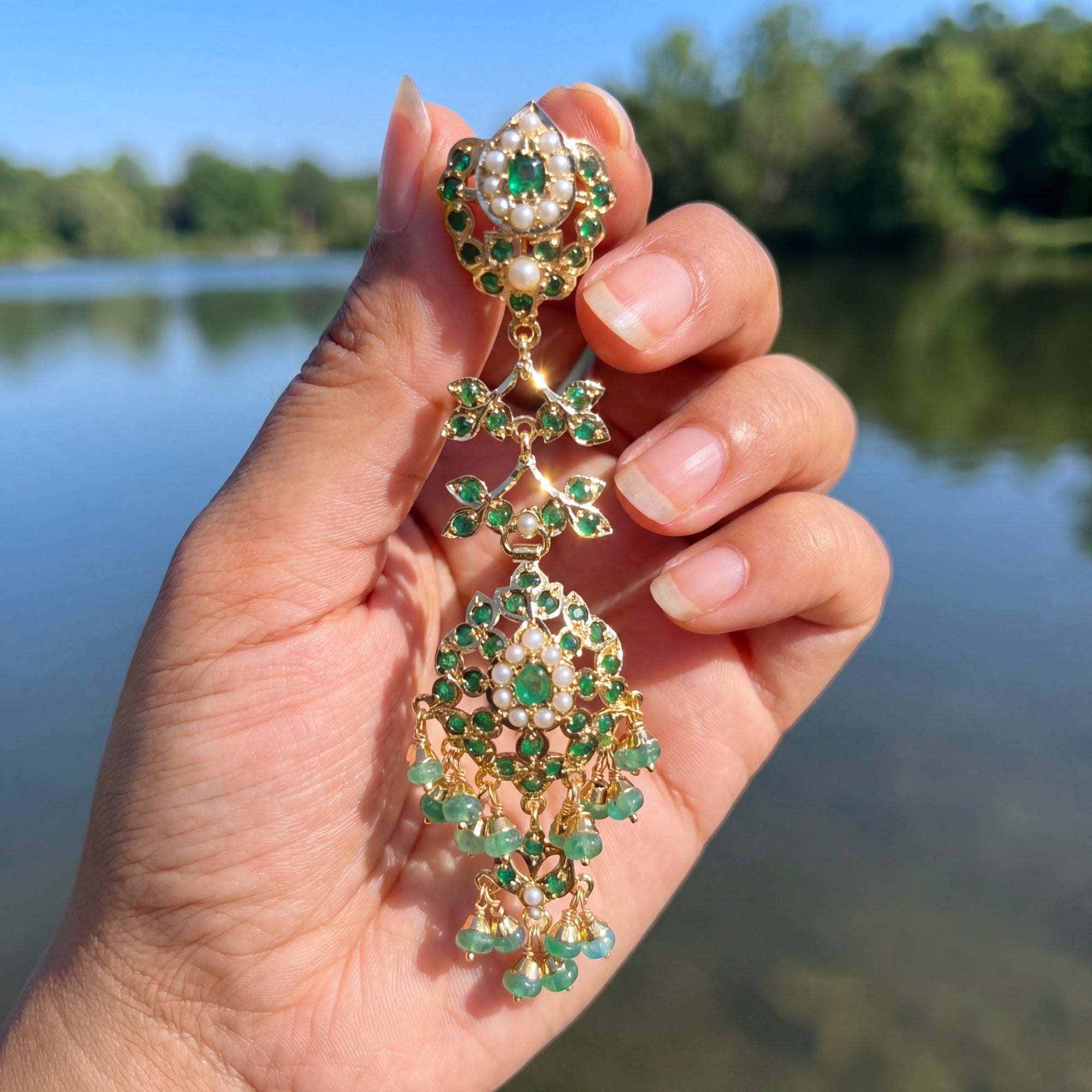 Elegant Gold Plated Silver Earrings | Emerald Green Color | Premium Jadau Jewelry ER 675