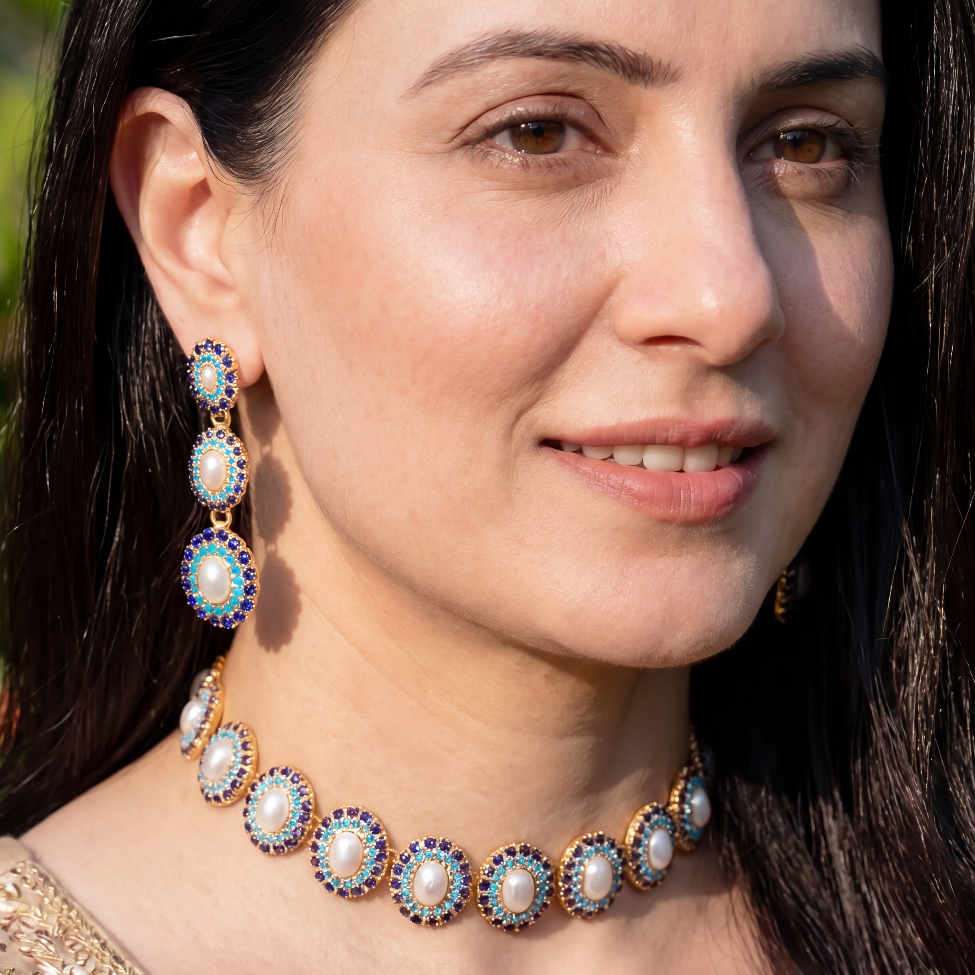 సమకాలీన ఇండో వెస్ట్రన్ చోకర్ సెట్ | సిల్వర్ NS 195పై బంగారం పూత పూయబడింది