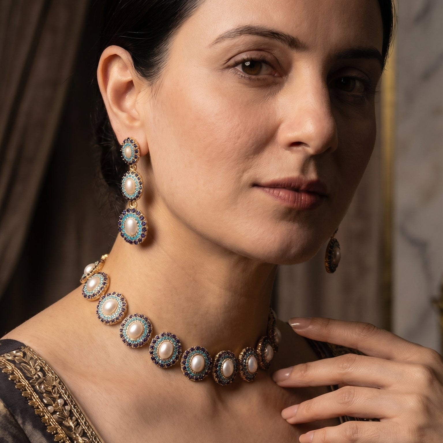 సమకాలీన ఇండో వెస్ట్రన్ చోకర్ సెట్ | సిల్వర్ NS 195పై బంగారం పూత పూయబడింది