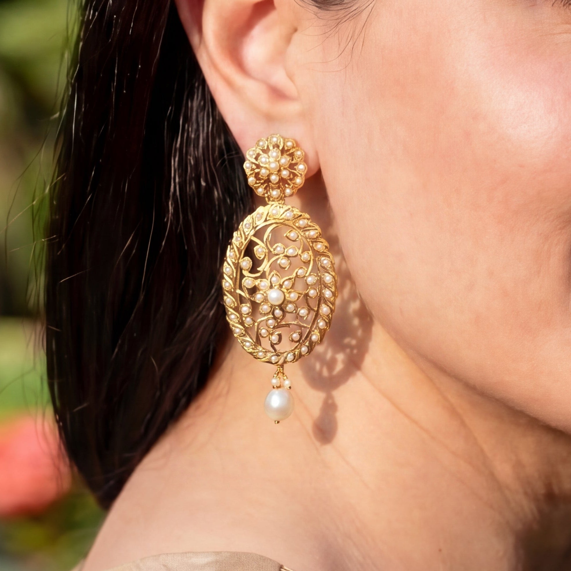 Victorian Style Seed Pearl Danglers | Gold Plated on Silver ER 678