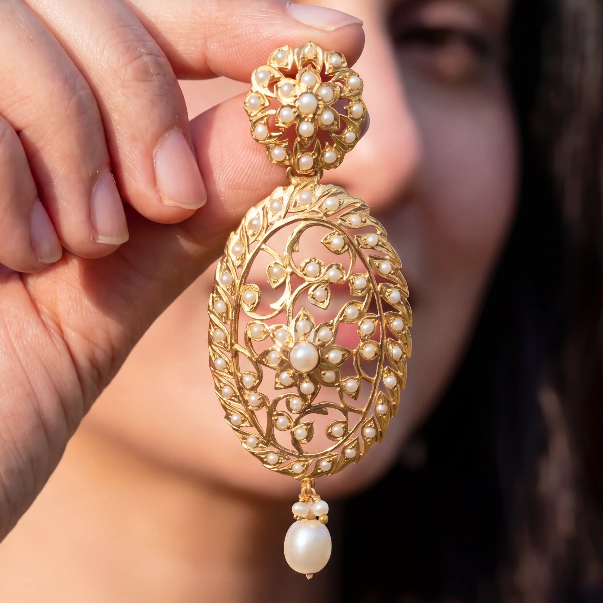 Victorian Style Seed Pearl Danglers | Gold Plated on Silver ER 678