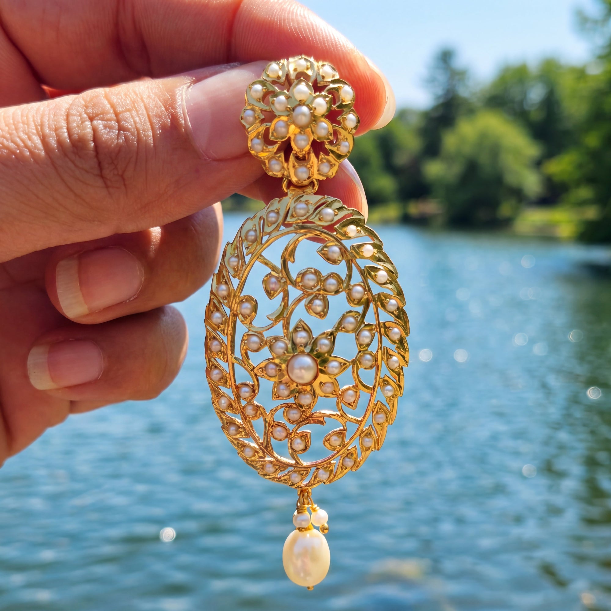 Victorian Style Seed Pearl Danglers | Gold Plated on Silver ER 678