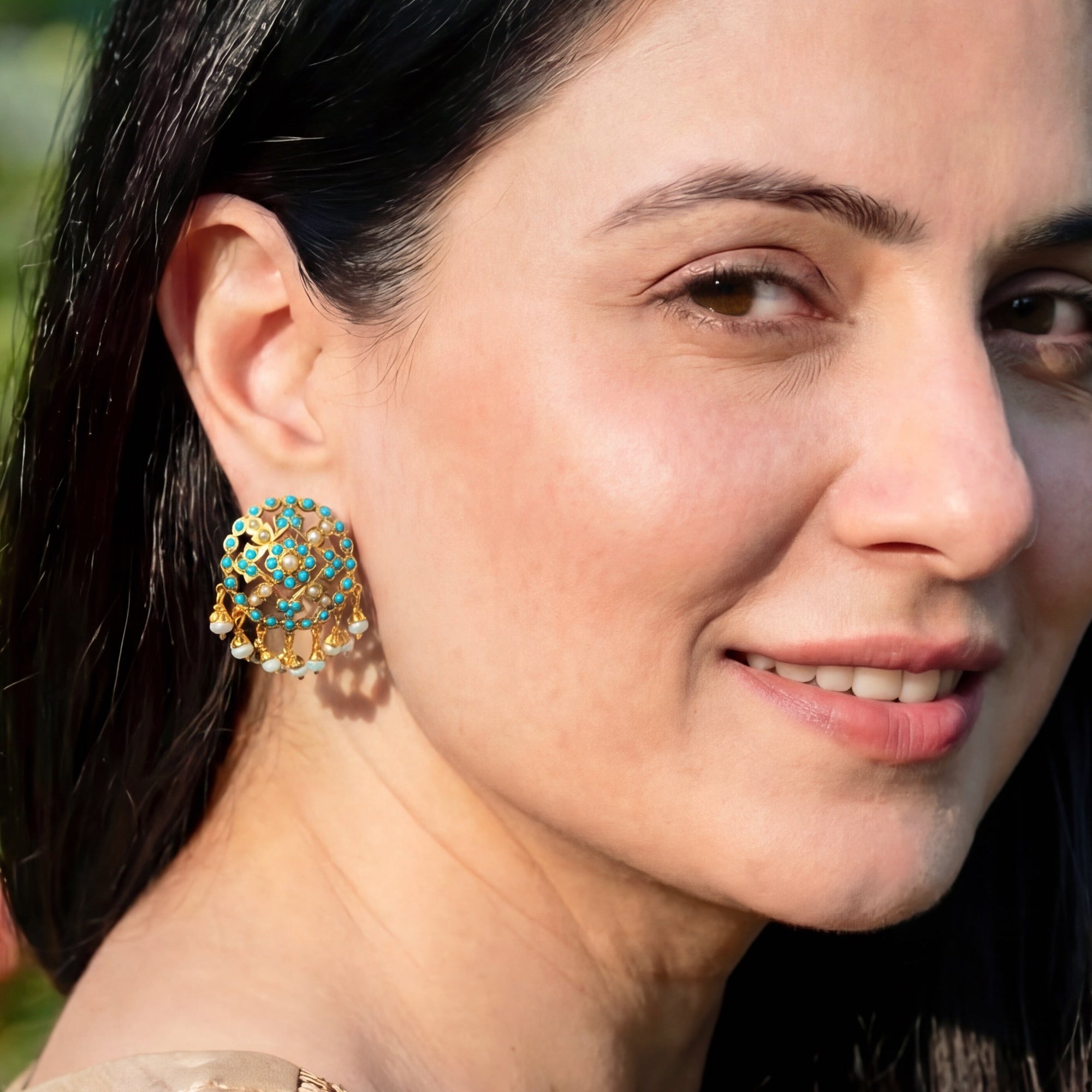 Pearl & Turquoise Stud Earrings | Gold Plated on Silver ER 681