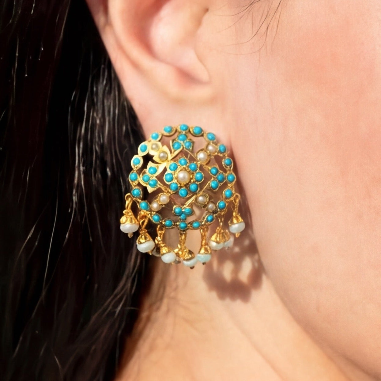 Pearl & Turquoise Stud Earrings | Gold Plated on Silver ER 681