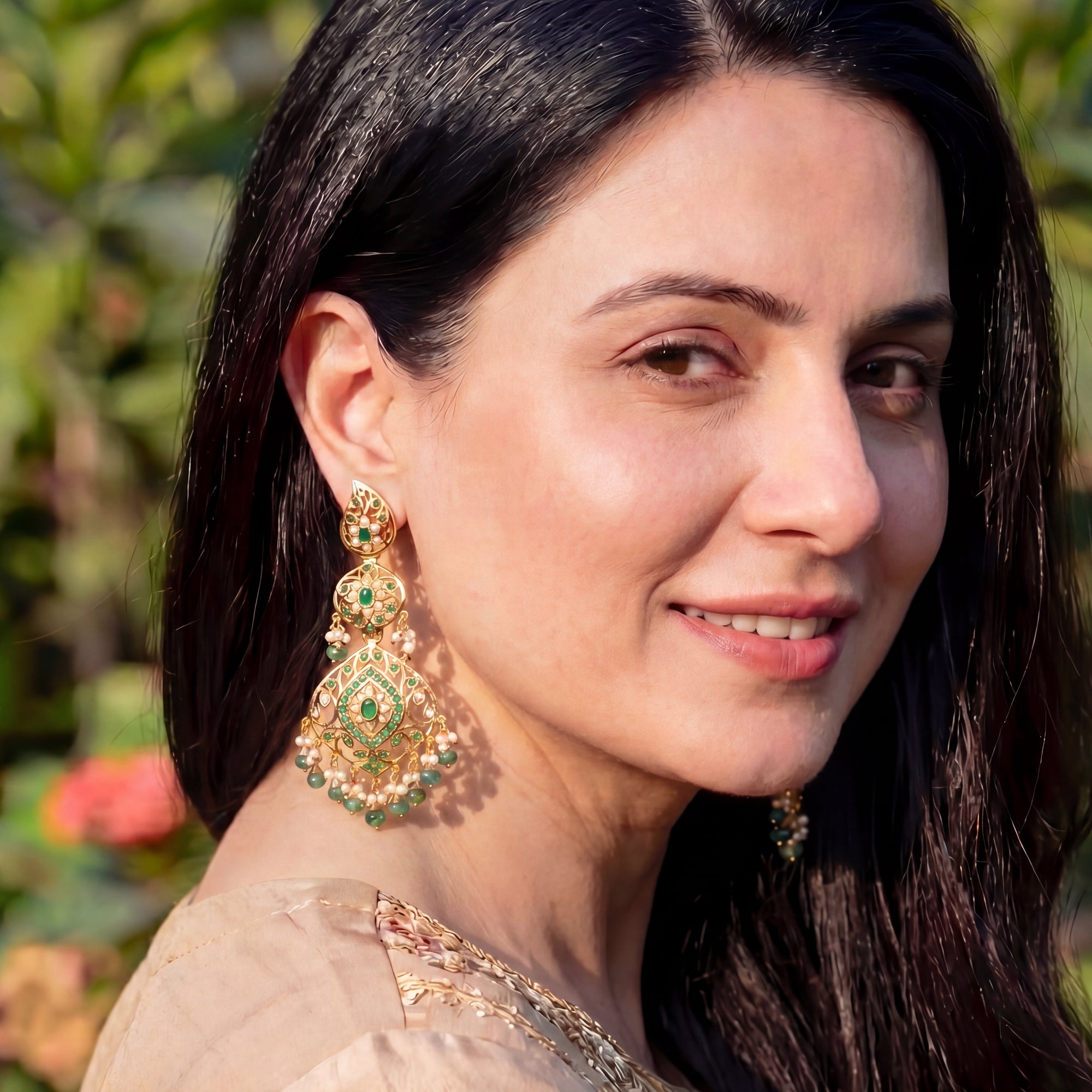 Emerald Green Dangler Earrings for Women | Gold Plated on Sterling Silver ER 679