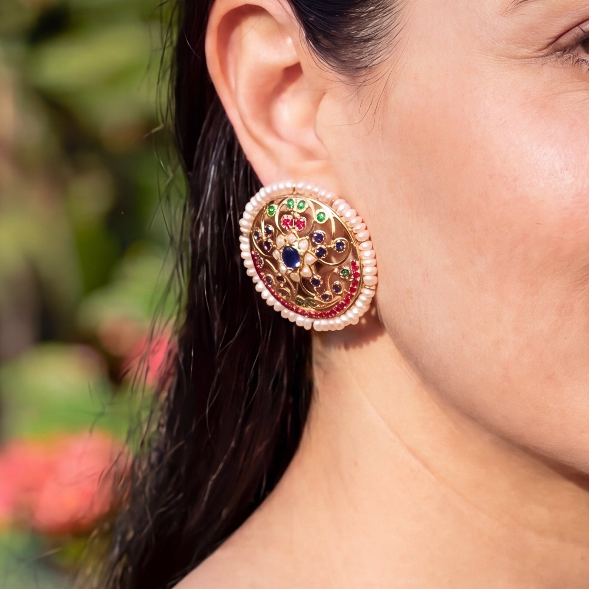 Exquisite Large Round Jadau Studs For Women | Gold Plated on Silver ER 553