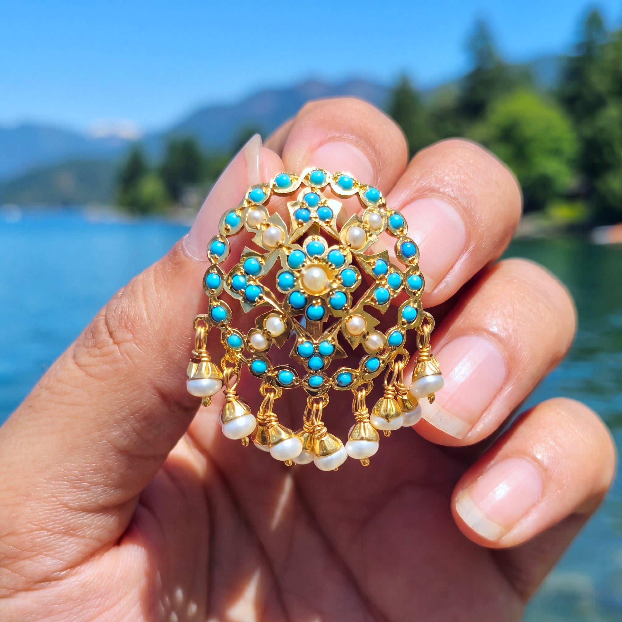 Pearl & Turquoise Stud Earrings | Gold Plated on Silver ER 681