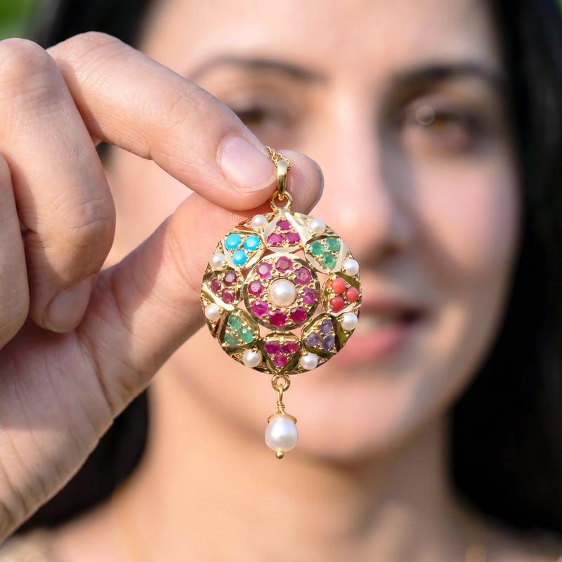 Round Navratna Pendant in 22k Gold GP 016