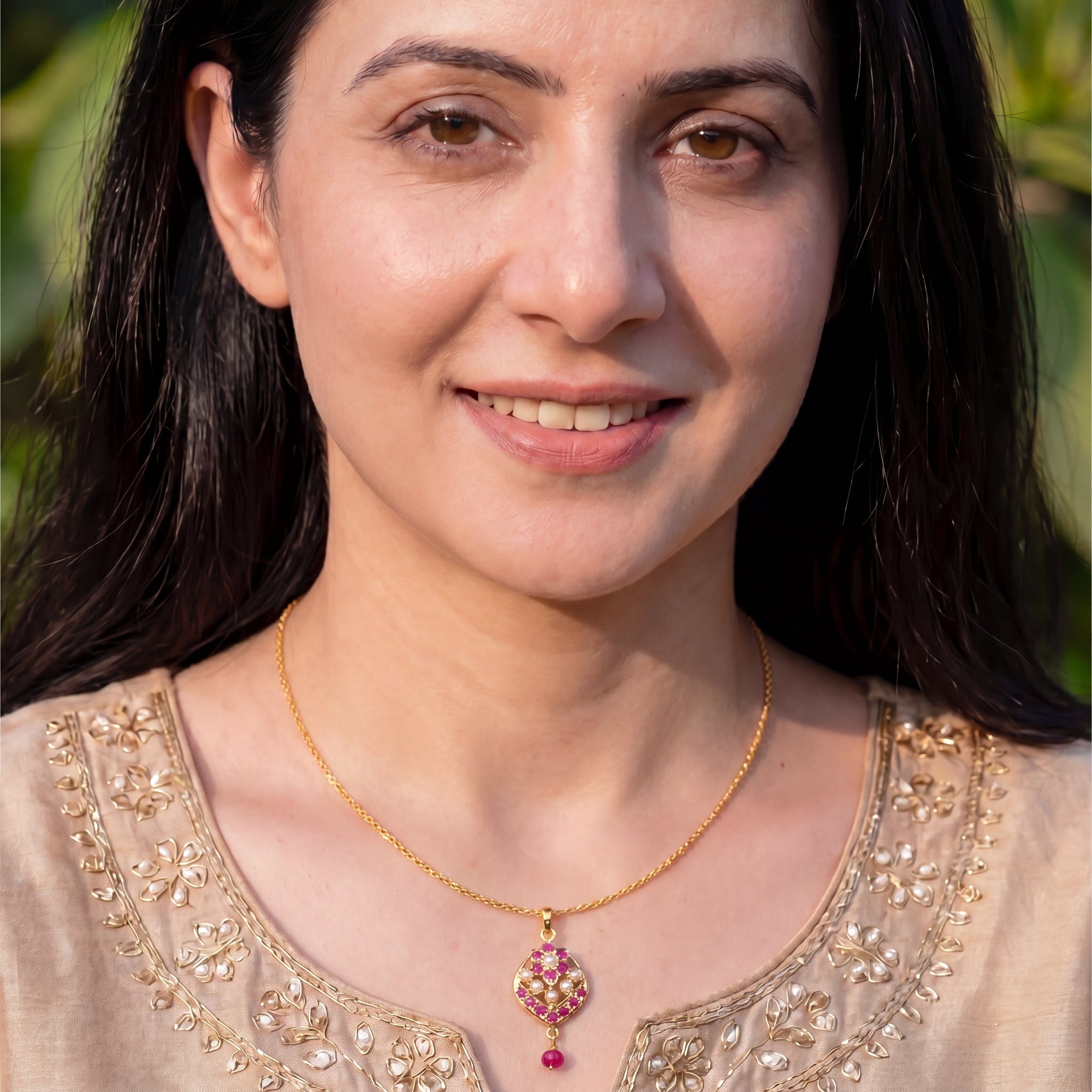 Jadau Pendant on Gold Studed with Pearls & Rubies GP 023