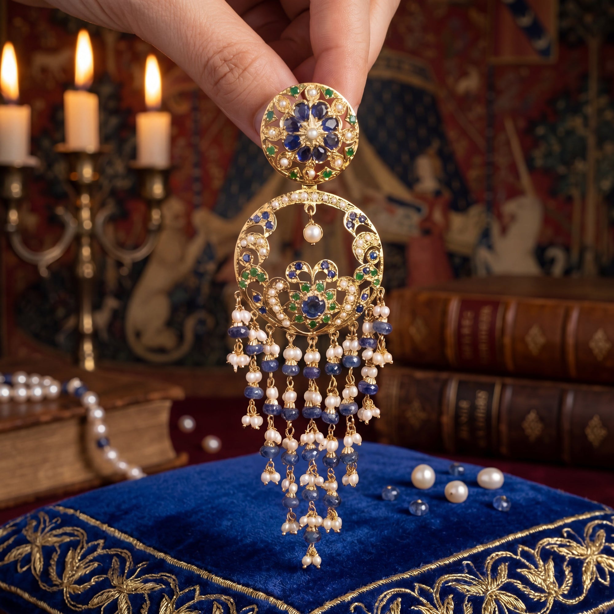 Gold Plated Chandbali with Long Hanging Beads Earrings in Silver ER 165