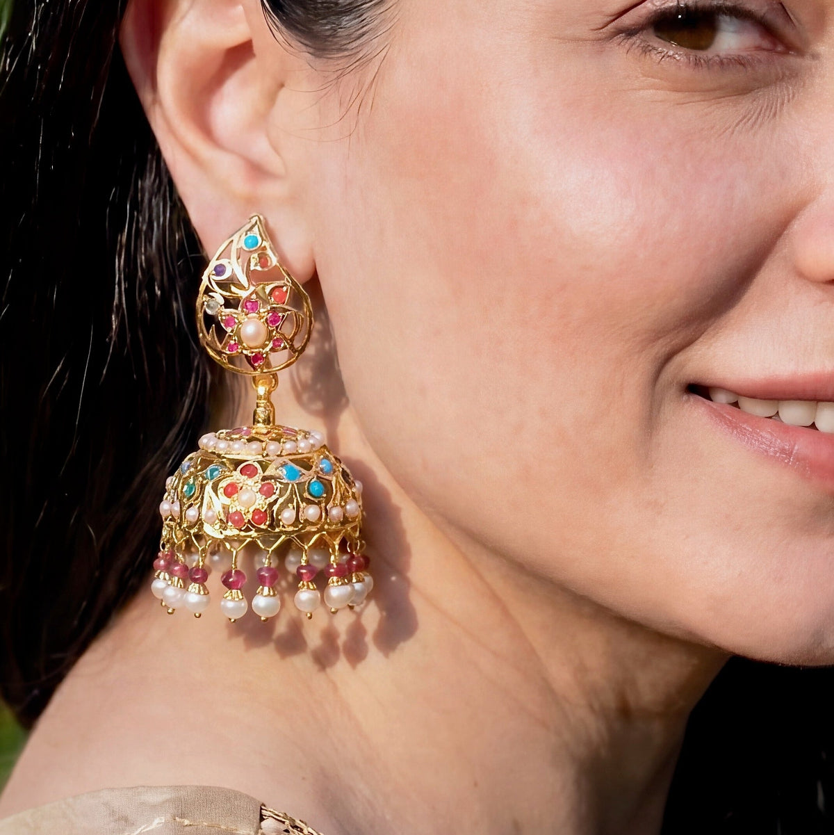 Navratna Jhumka | Real Gold Indian Jewelry | Precious gems GER 107