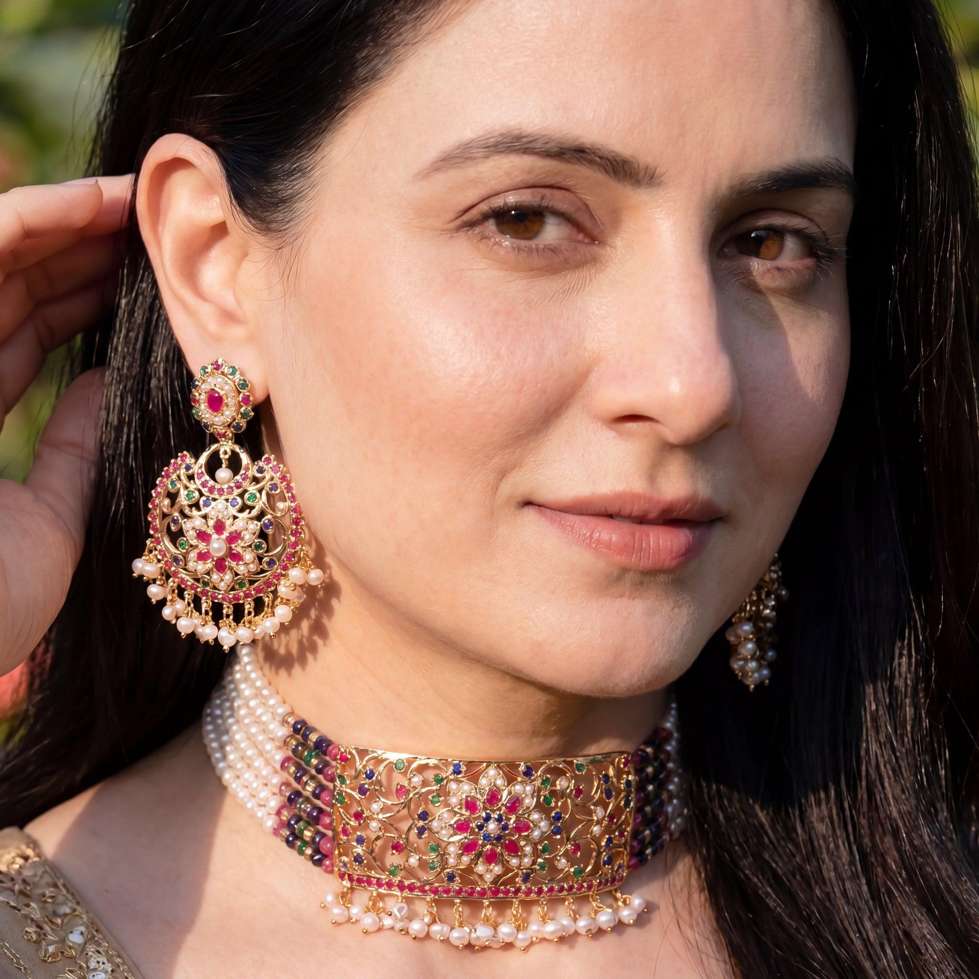 Multicolored Jadau Choker Set | Ethnic Indian Fashion Jewelry on Silver Base NS 416