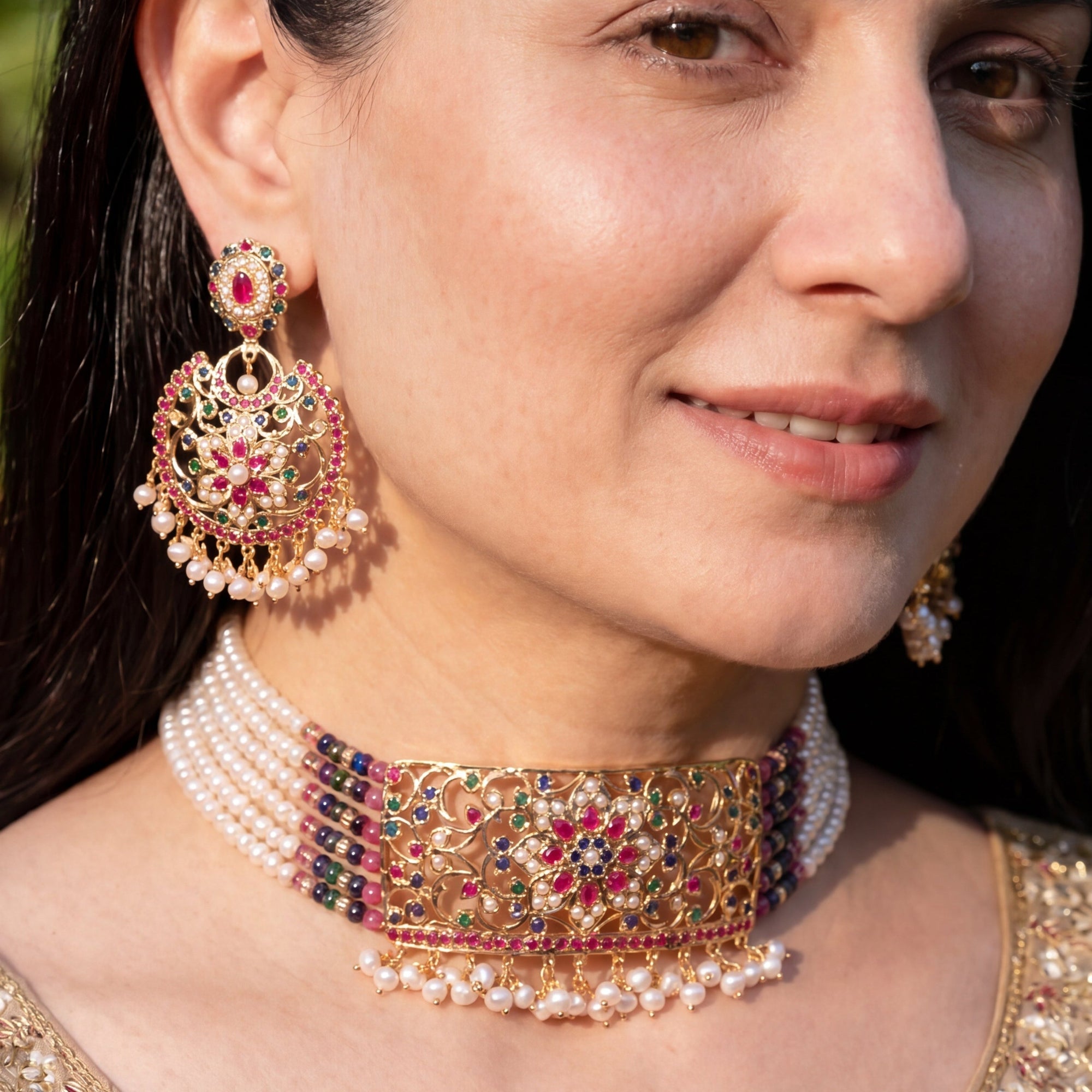 Multicolored Jadau Choker Set | Ethnic Indian Fashion Jewelry on Silver Base NS 416