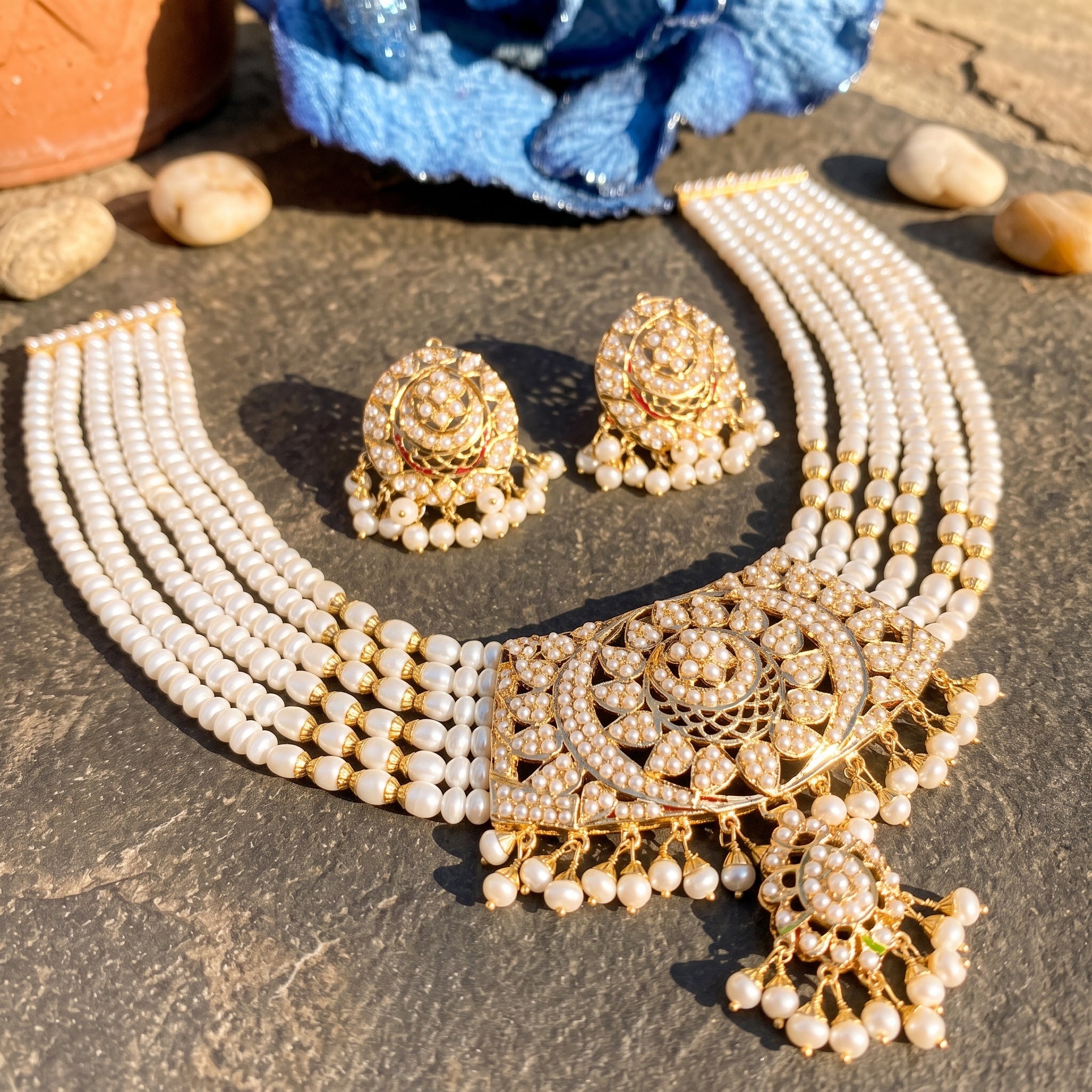 Buy Latest Pearl Chokers for Women Online | Real Gold Pearl Choker Set GNS 124