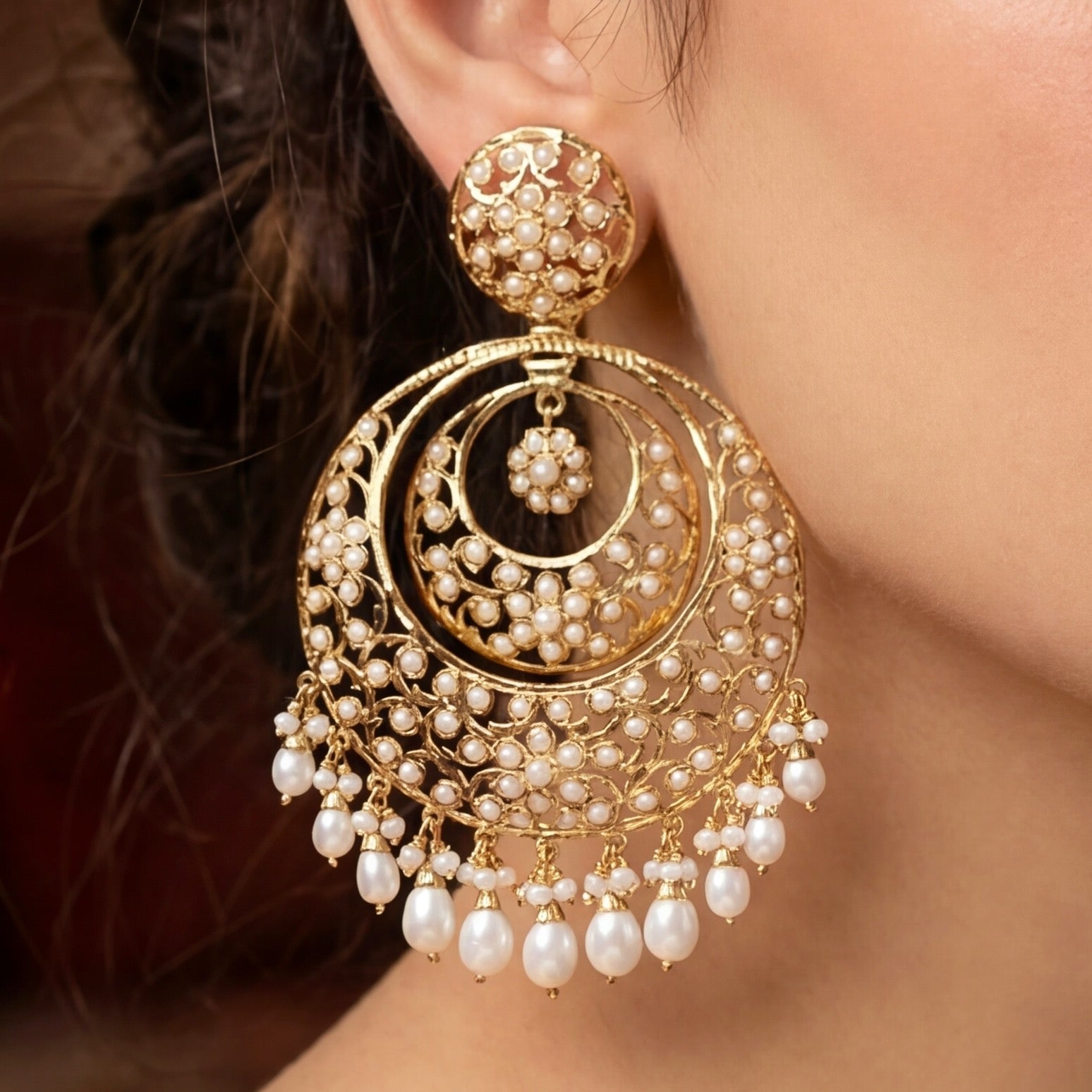 Intricate Jadau Earrings | Antique Design Fusion Jewelry | Authentic Freshwater Pearls ER 585