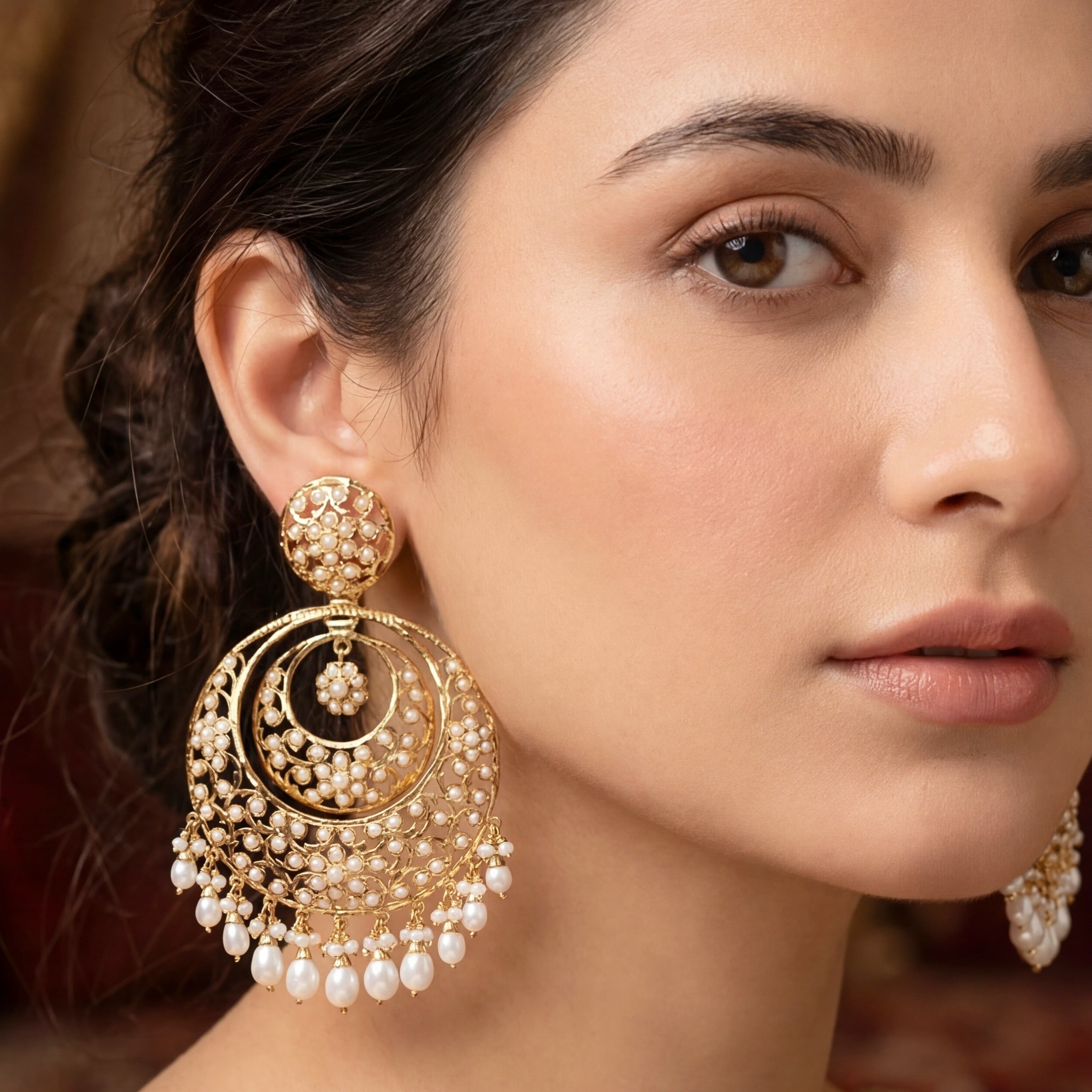 Intricate Jadau Earrings | Antique Design Fusion Jewelry | Authentic Freshwater Pearls ER 585
