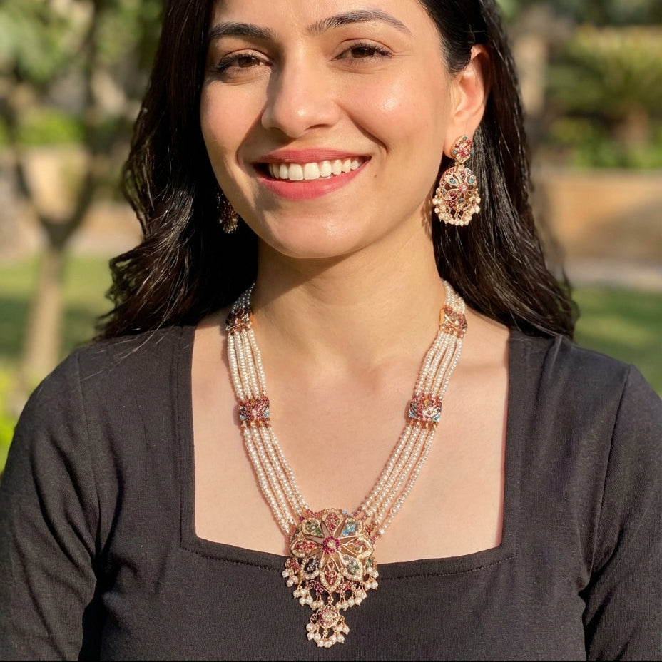 Navratana Rani Haar Set | Gold Plated on Silver | Authentic Freshwater Pearls NS 438