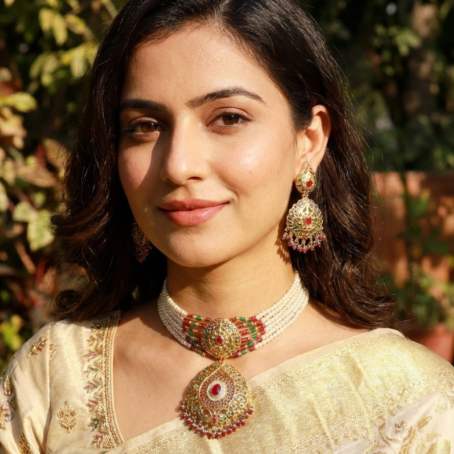 Mughal-style Jadau Choker | Indian Necklace Set | Gold Plated Silver NS 043
