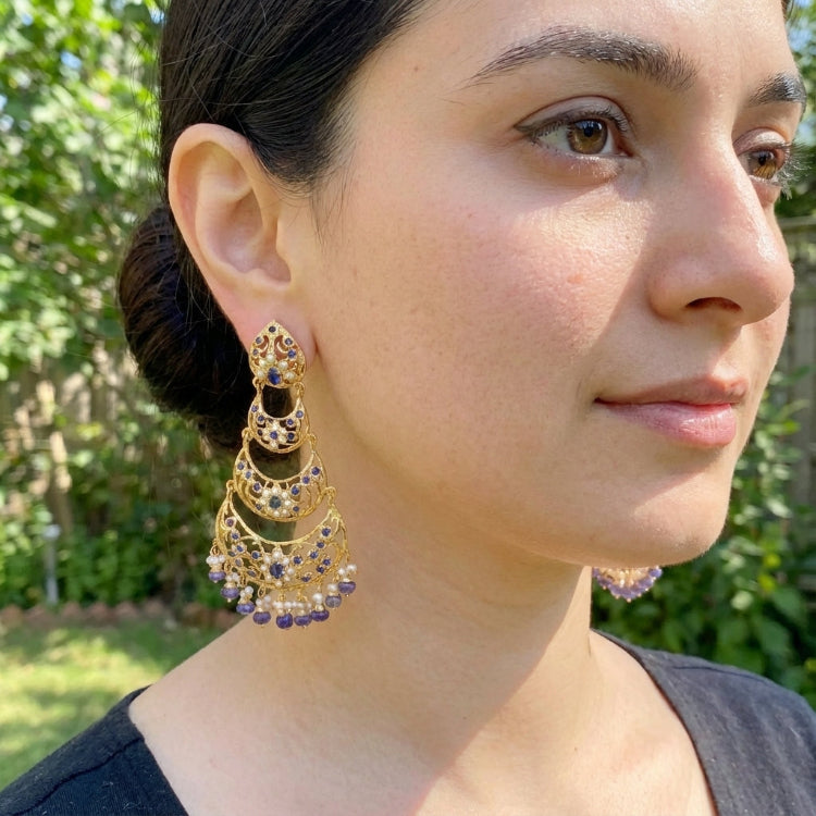 Pearl and Sapphire 3 Step Danglers | Gold Plated on Silver ER 442