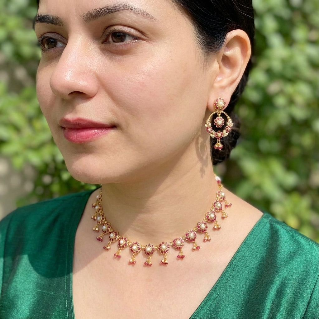 Gold Plated Floral Ruby Set | Delicate Necklace & Chandbali Earrings For Gifting NS 299