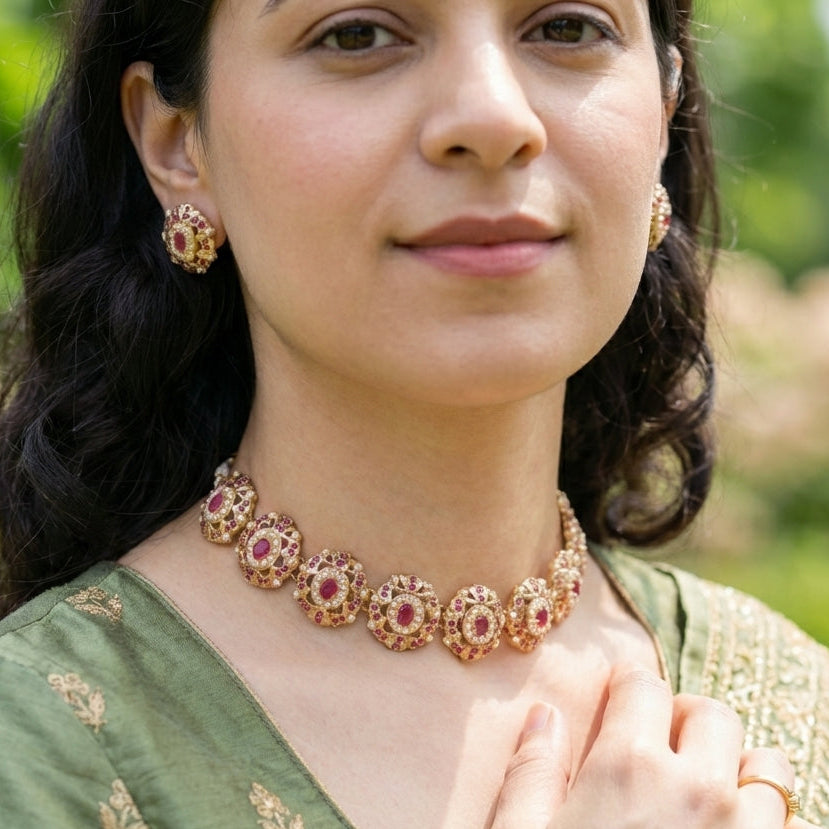 Delicate Indian Choker Set | Pearl Ruby Combination | Gold Plated on Silver NS 389