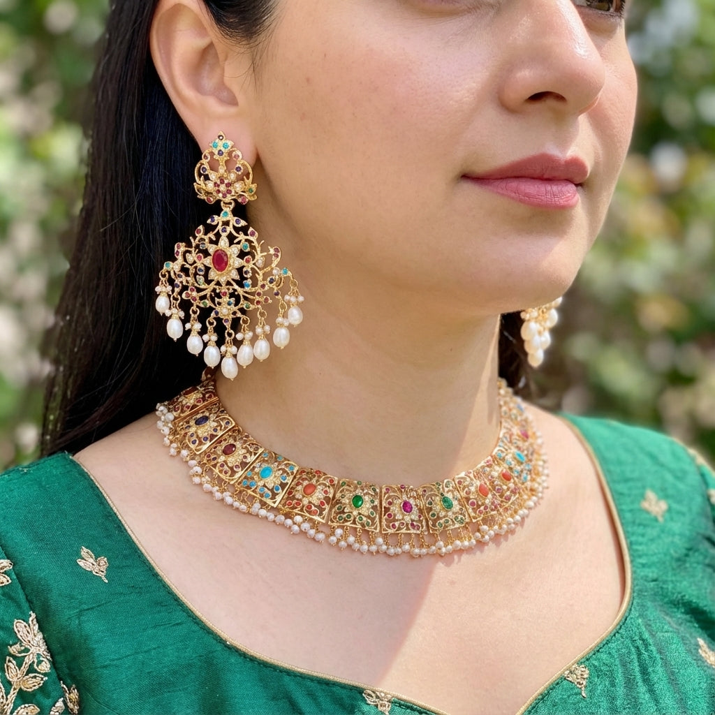 Bridal Navratna Necklace Set | Broad Necklace | Statement Earrings NS 295