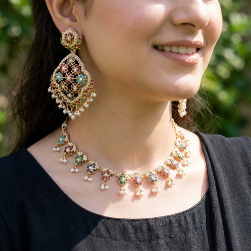 Floral Navratna Set | Sleek Necklace Paired with Large Earrings NS 331