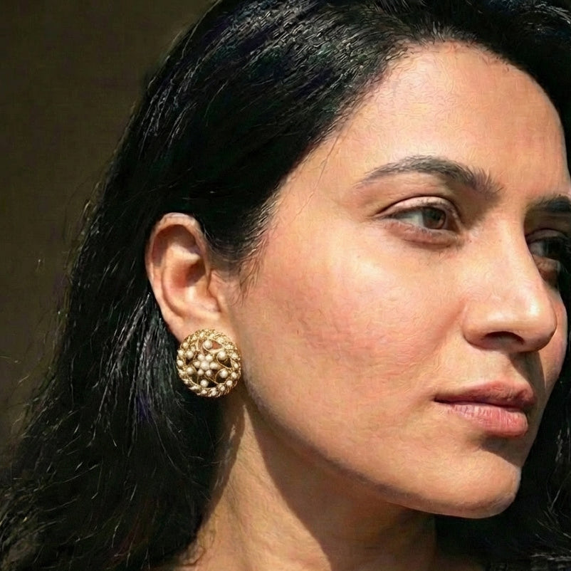 Indian Western Stud Earrings | Gold Plated Pearl Jewelry on Silver ER 481