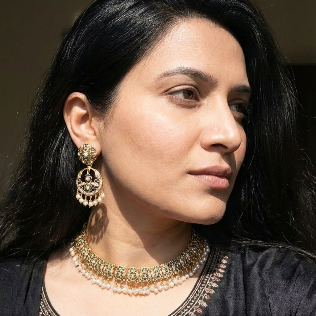 Emerald Sapphire Necklace Set | Buy Jadau Sets Online | Gold Plated NS 185