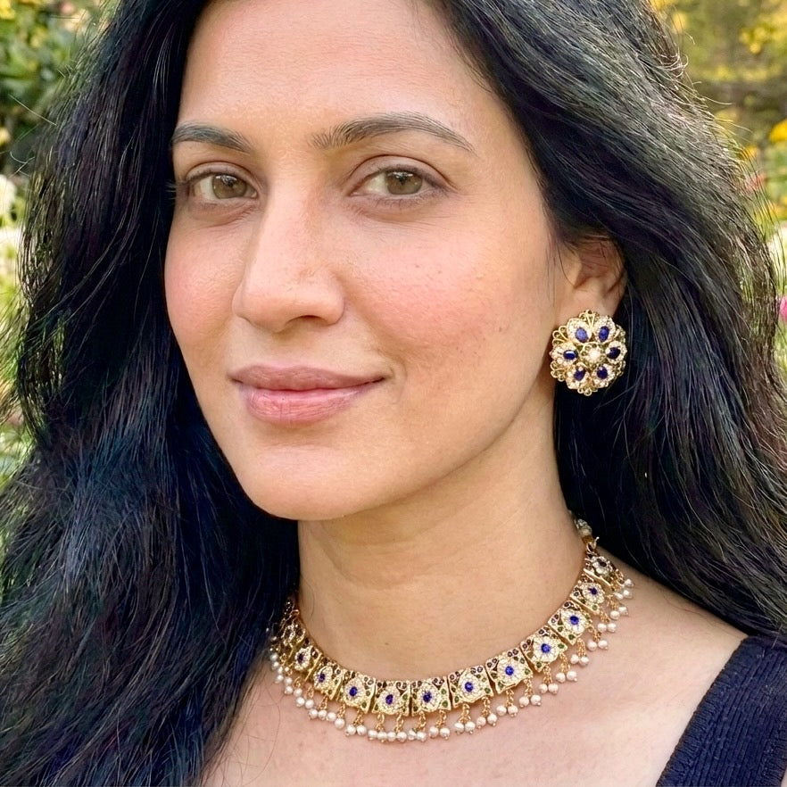 Jadau Necklace with Statement Studs | Sapphire-Emerald Combination NS 273