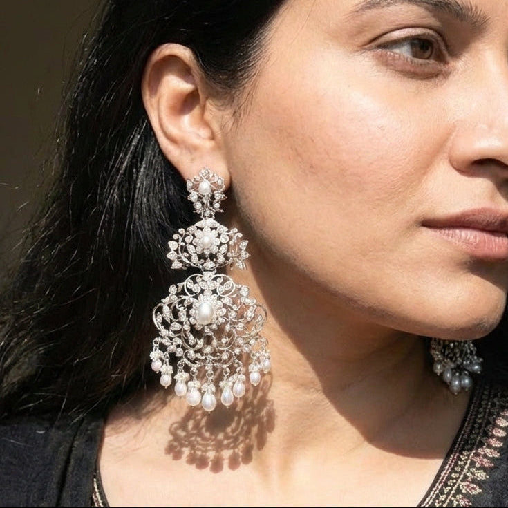 Pearl Danglers | Edwardian Design | Indo Western Silver Jewelry  SER 020