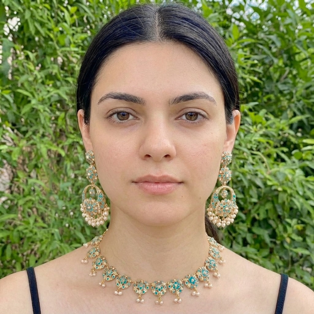 फिरोजा ज्वेलरी सेट | महिलाओं के लिए मोती और फ़िरोज़ा हार सेट NS 449